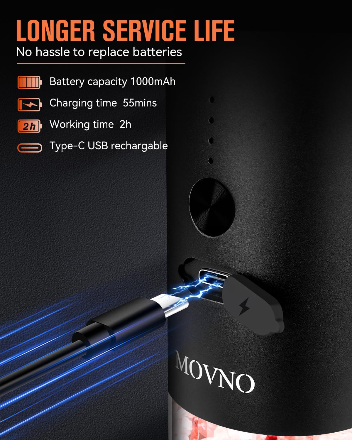 MOVNO Electric Salt and Pepper Grinder Set - USB Rechargeable, Adjustable Coarseness, LED Light, Large Capacity - Automatic Refillable Spice Mill for Kitchen, Dining & Cooking