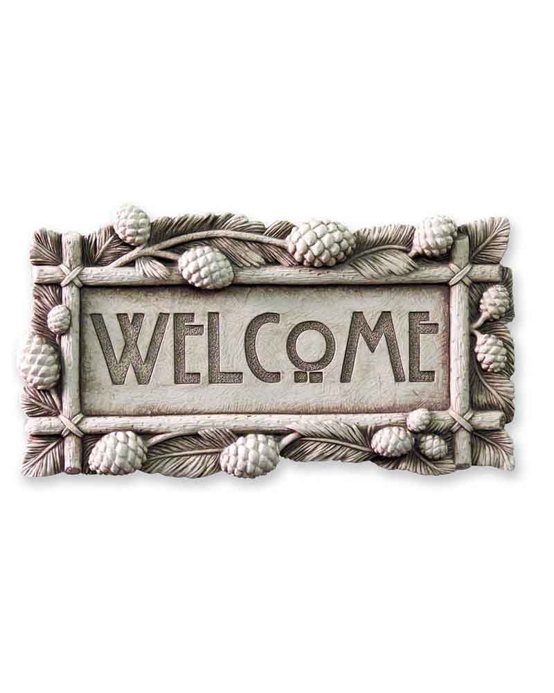 Pinecone Welcome Plaque - Carruth Studio Cast Stone Wall Hanging Decor #1294A | Rustic Home Entryway Sign for Farmhouse & Cottage Style