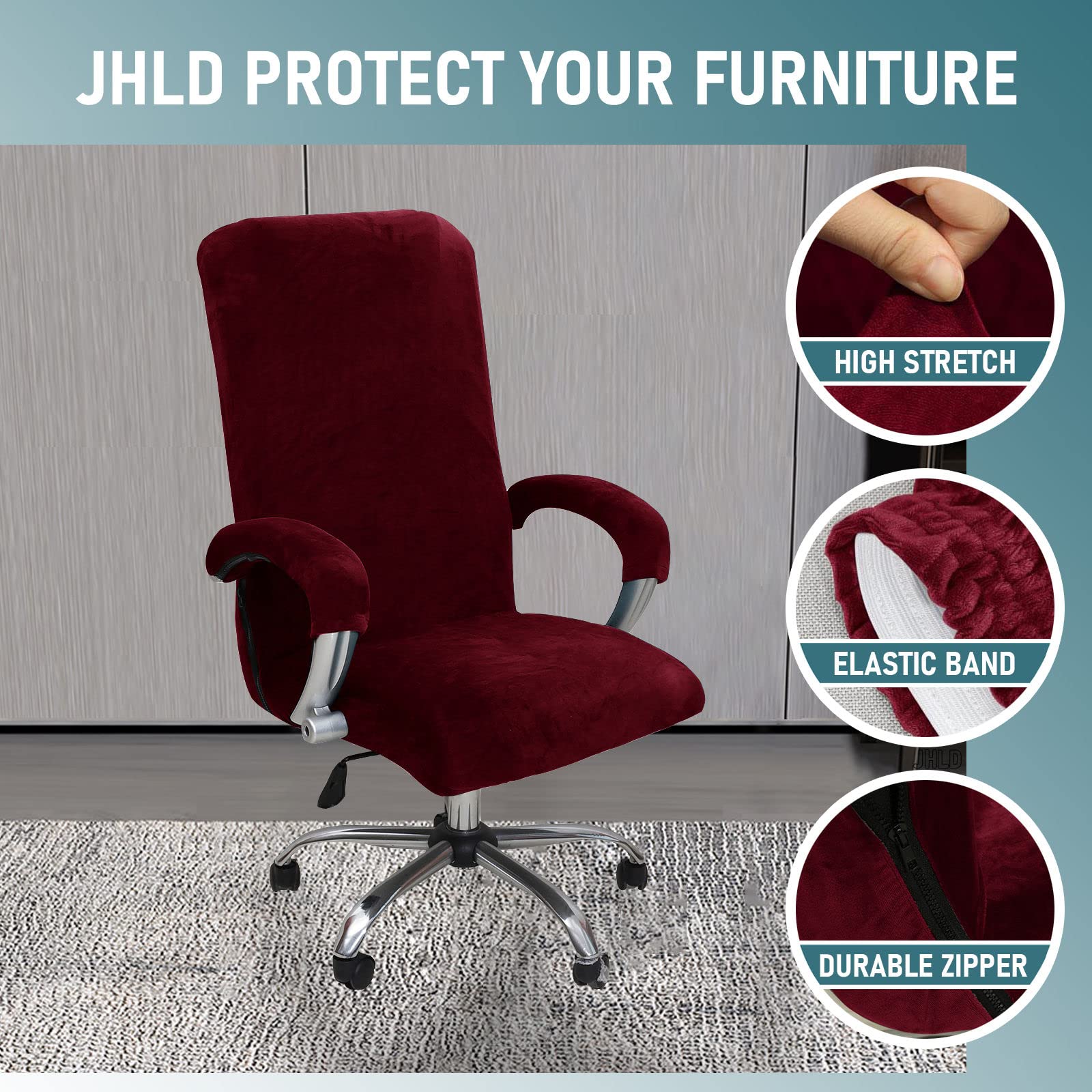 Premium Stretch Office Chair Covers - Soft Velvet Rotating Chair Slipcovers with Armrest Covers - Breathable Desk Chair Protector for Home & Office (Wine Red, X-Large) - Perfect for Ergonomic Support & Workspace Decor