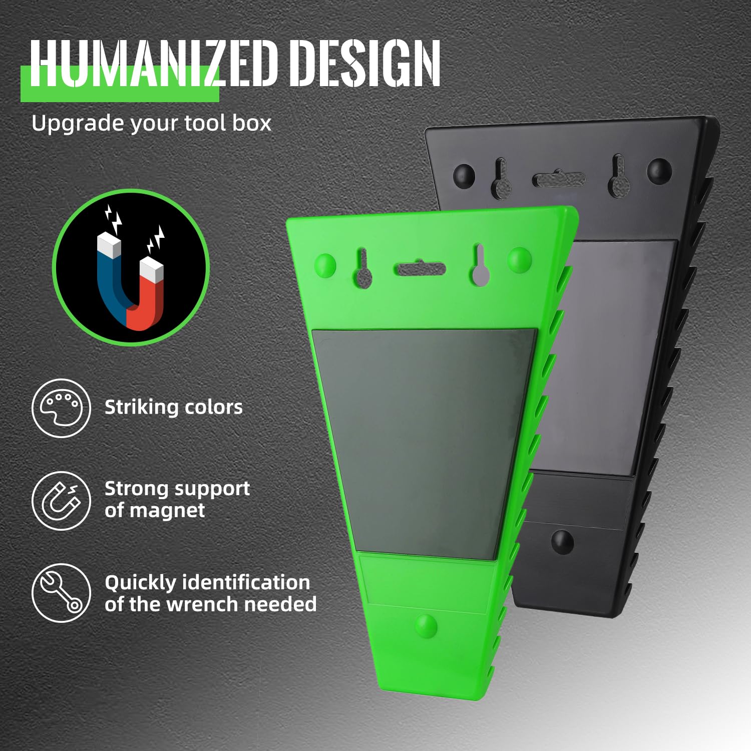 2-Pack Magnetic Wrench Organizer Set - Heavy Duty ABS Tool Holder with 24 Slots for SAE & Metric Wrenches (Green & Black) - Perfect for Toolbox, Garage, Workshop & Mechanic Tool Organization