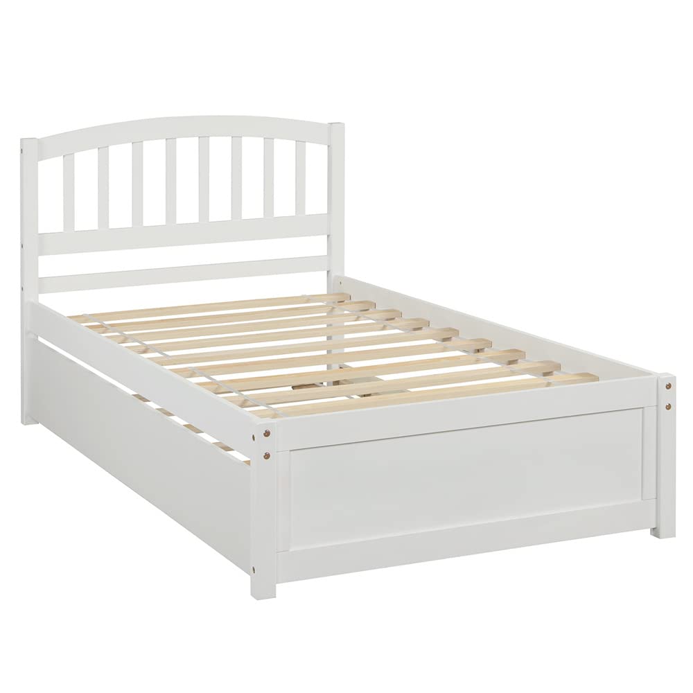 LLS Classic Twin Size Platform Bed Frame with Headboard & Footboard - Solid Wood Trundle Bed with Slat Support for Teens & Adults - No Box Spring Needed - White - Perfect for Guest Rooms, Kids' Rooms & Small Spaces