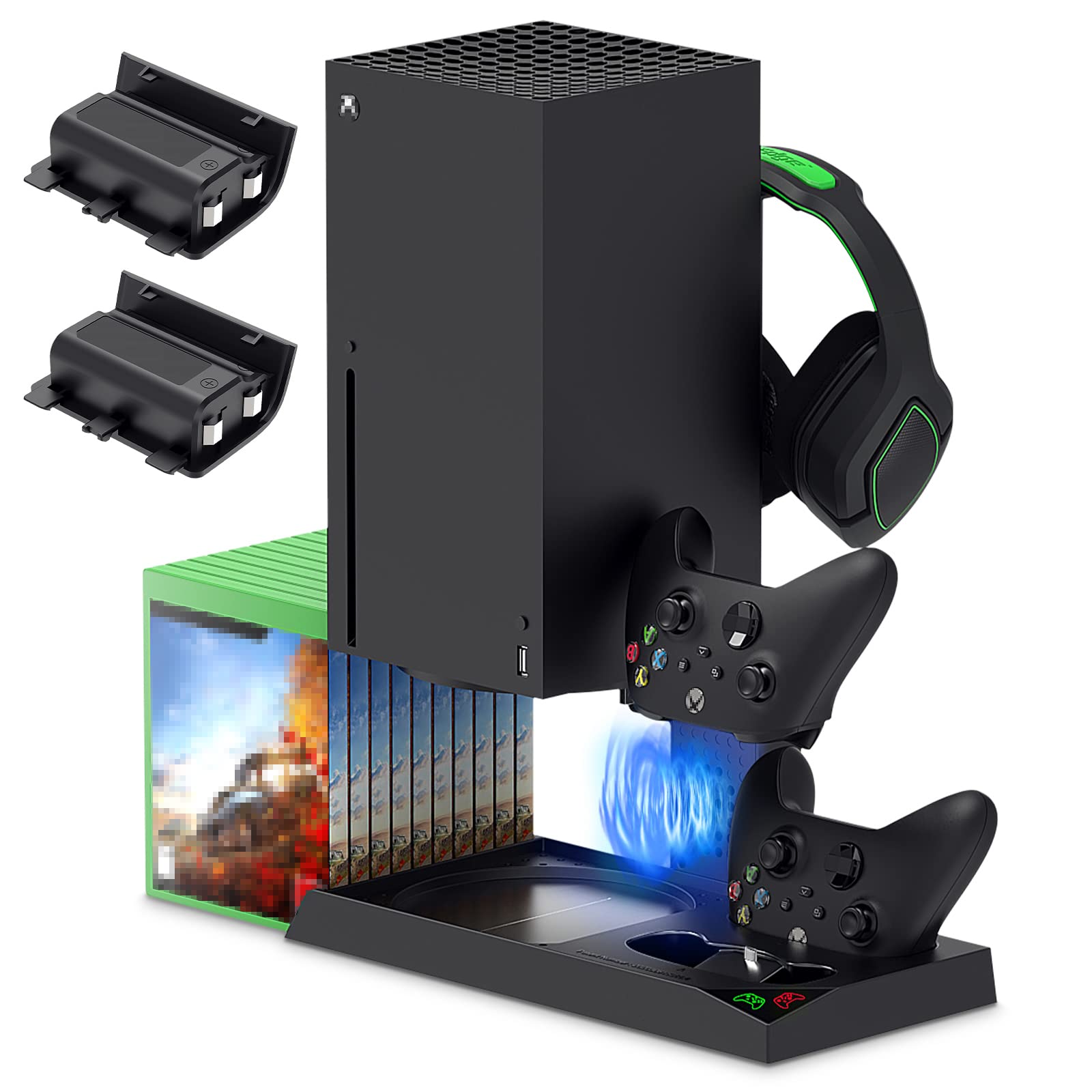 Xbox Series X Vertical Cooling Stand with Cooling Fan - 10 Game Storage Organizer, Controller & Headphone Holder - Includes 2X1400mAh Rechargeable Batteries - Perfect for Gaming Setup & Console Protection