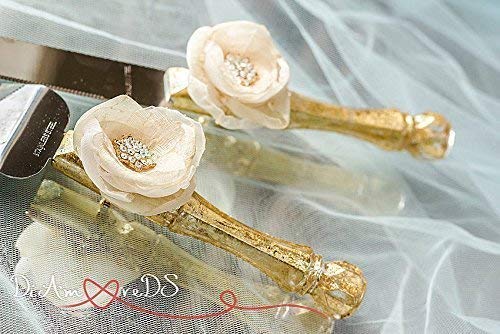 Personalized Ivory & Gold Wedding Cake Server and Knife Set - Engraved Flower Design Cake Cutting Gift for Bridal Showers, Anniversaries & Special Occasions