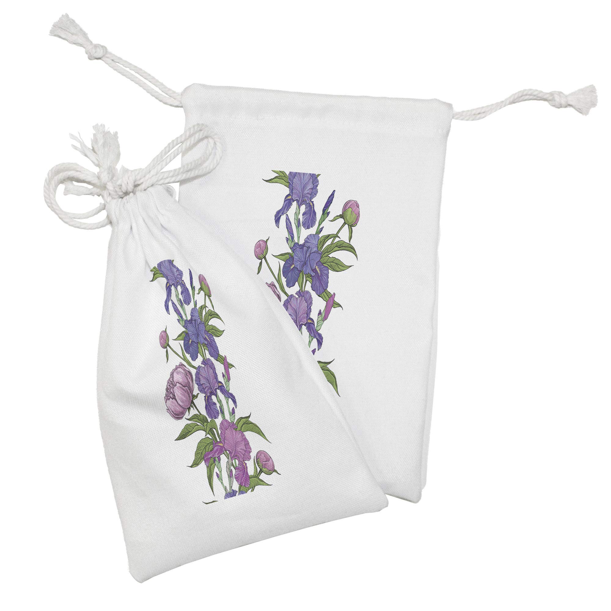 Ambesonne Peony Fabric Pouch Set of 2 - Hand Drawn Purple Iris & Peony Flowers Drawstring Bags (9