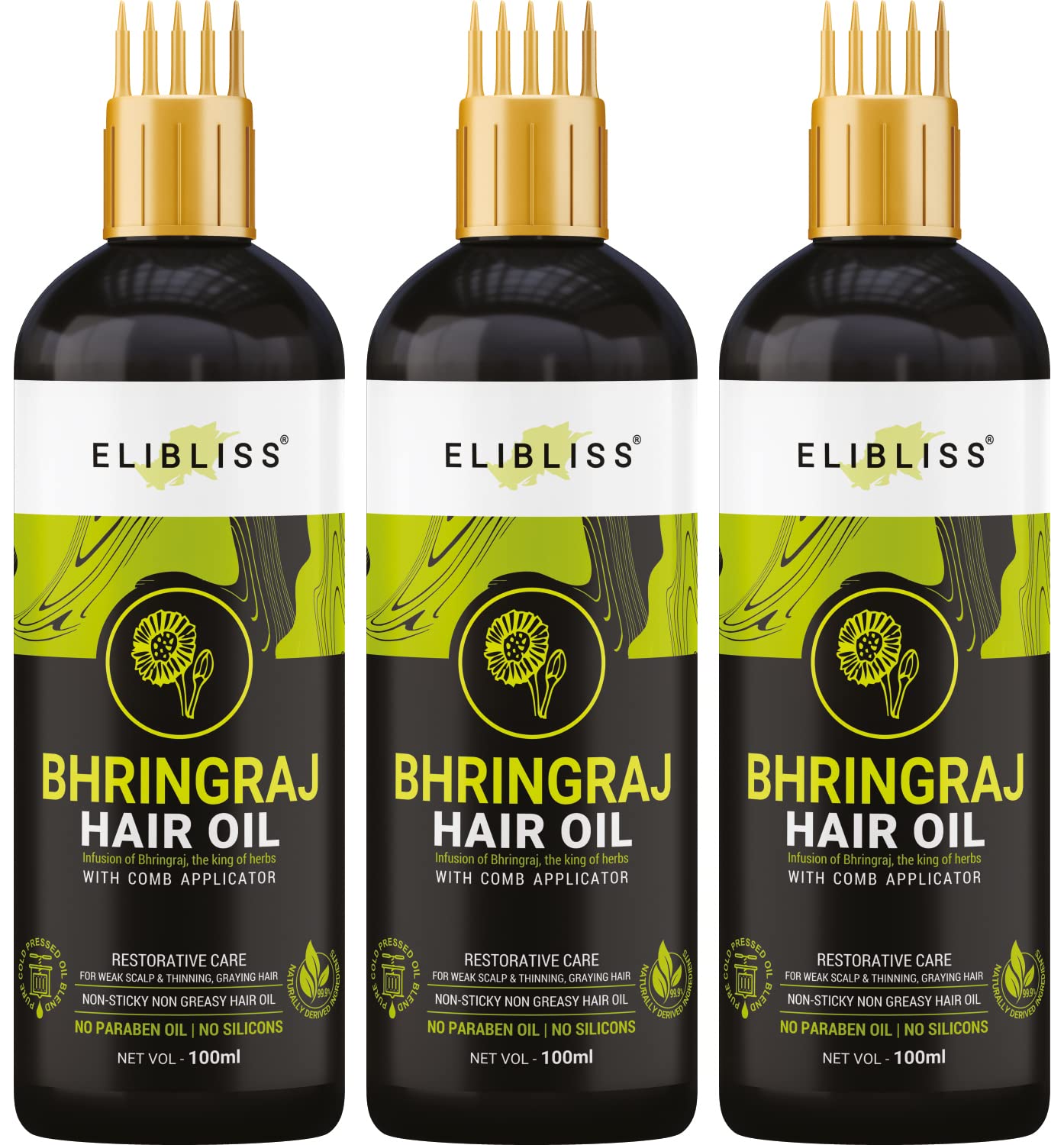 Elibliss Bhringraj Hair Oil with Comb Applicator - 100ml (Pack of 3) for Healthy, Voluminous & Smooth Hair Growth | Ayurvedic Hair Treatment for Dry Scalp, Split Ends & Hair Fall | Perfect for Daily Hair Care Routine & Scalp Massage