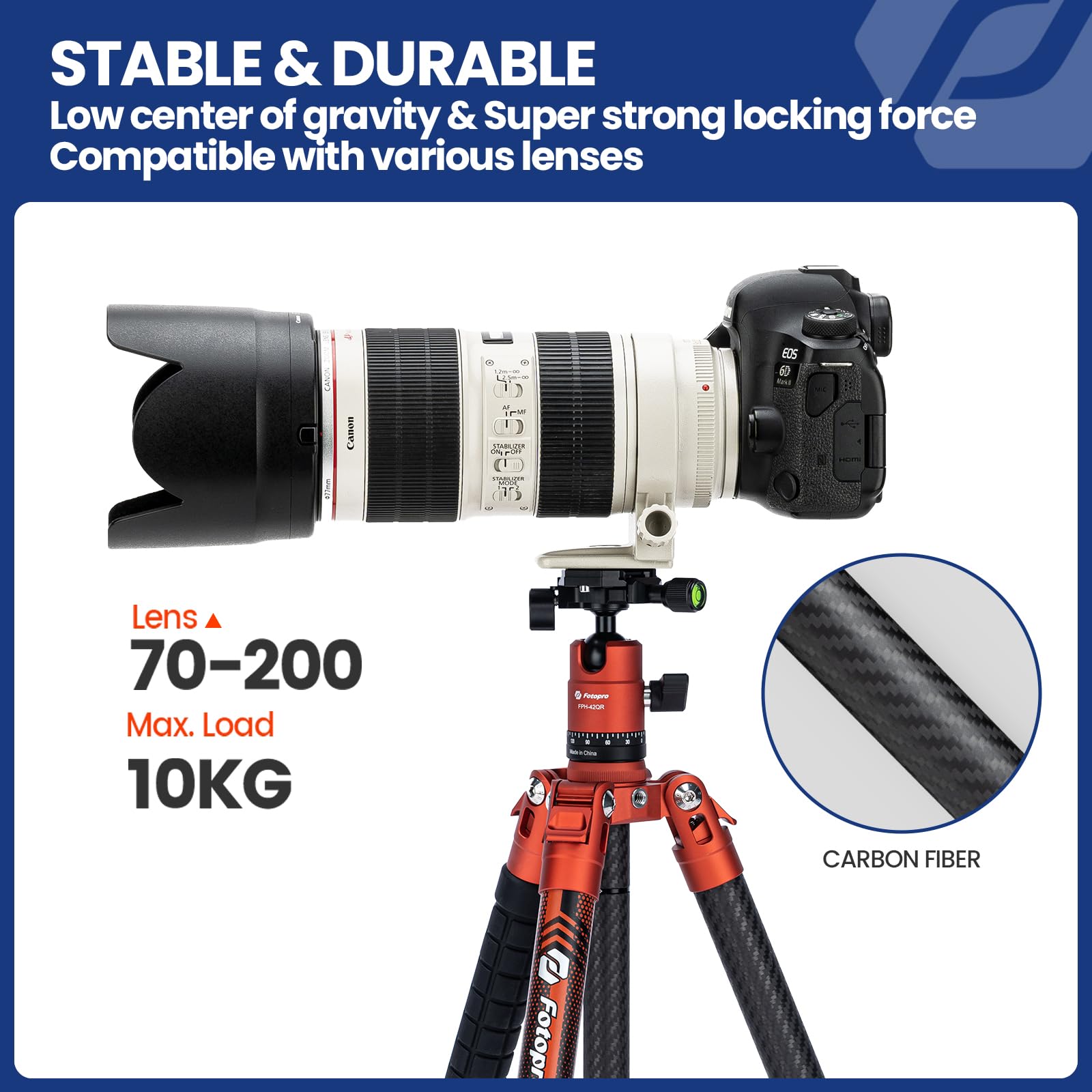Fotopro X-Aircross3 60-Inch Carbon Fiber Travel Tripod with 360° Ball Head - Ultra Lightweight 2.07lbs, Extendable & Stable DSLR Tripod Supports 22lbs - Perfect for Travel Photography, Hiking, Vlogging & Outdoor Adventures (Orange)