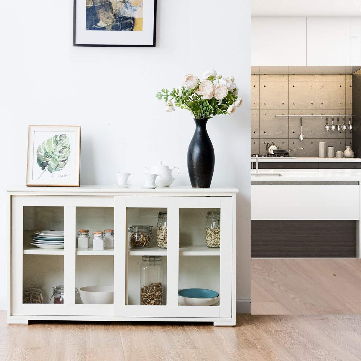Modern White Wooden Buffet Cupboard with Glass Sliding Doors - Kitchen Storage Sideboard, Contemporary MDF Varnished Cabinet for Dining Room & Living Room Organization