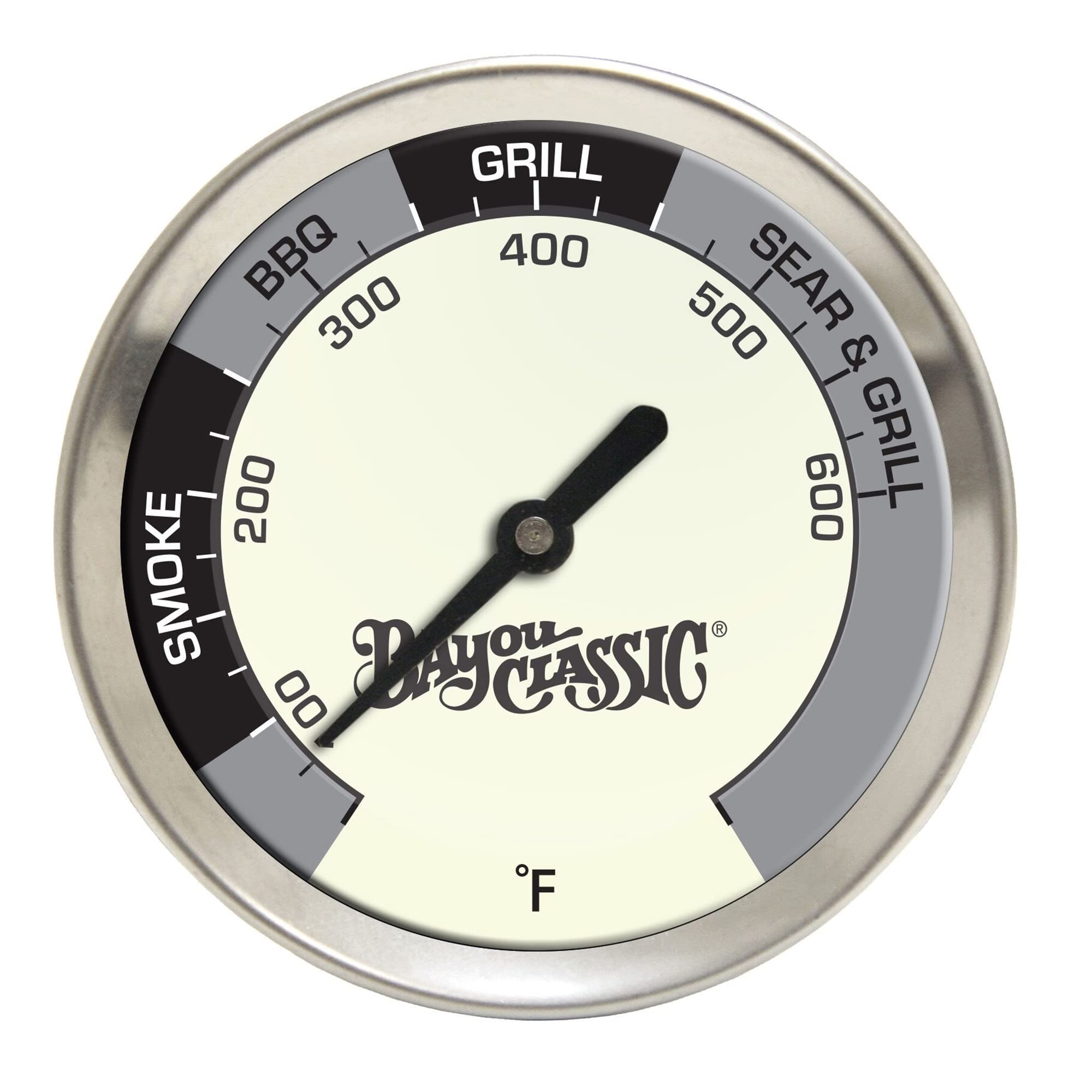 Bayou Classic 500-580 Grill Thermometer with 2.5-inch Tempered Glass Dial - Accurate BBQ, Smoking, and Searing Tool for Outdoor Cooking - Fits Most Grills - Perfect for Backyard BBQs, Camping, and Tailgating Parties
