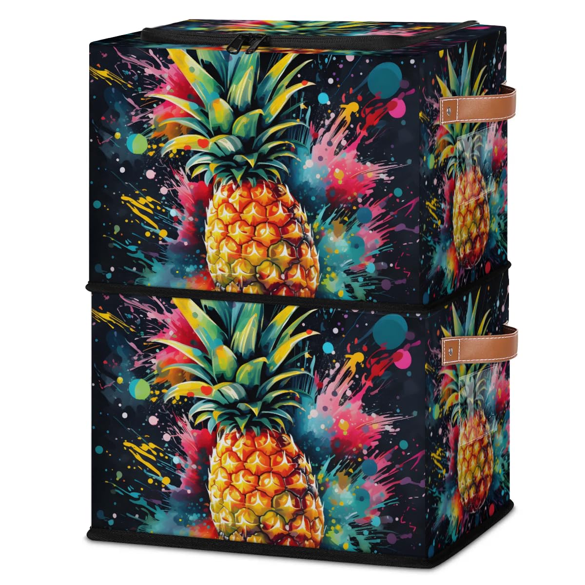 2 Pack Graffiti Pineapple Storage Bins with Zipper Lids & Sturdy Handles - Organize Clothes, Toys & Home Essentials - Perfect for Bedroom, Closet & Kids Room Organization