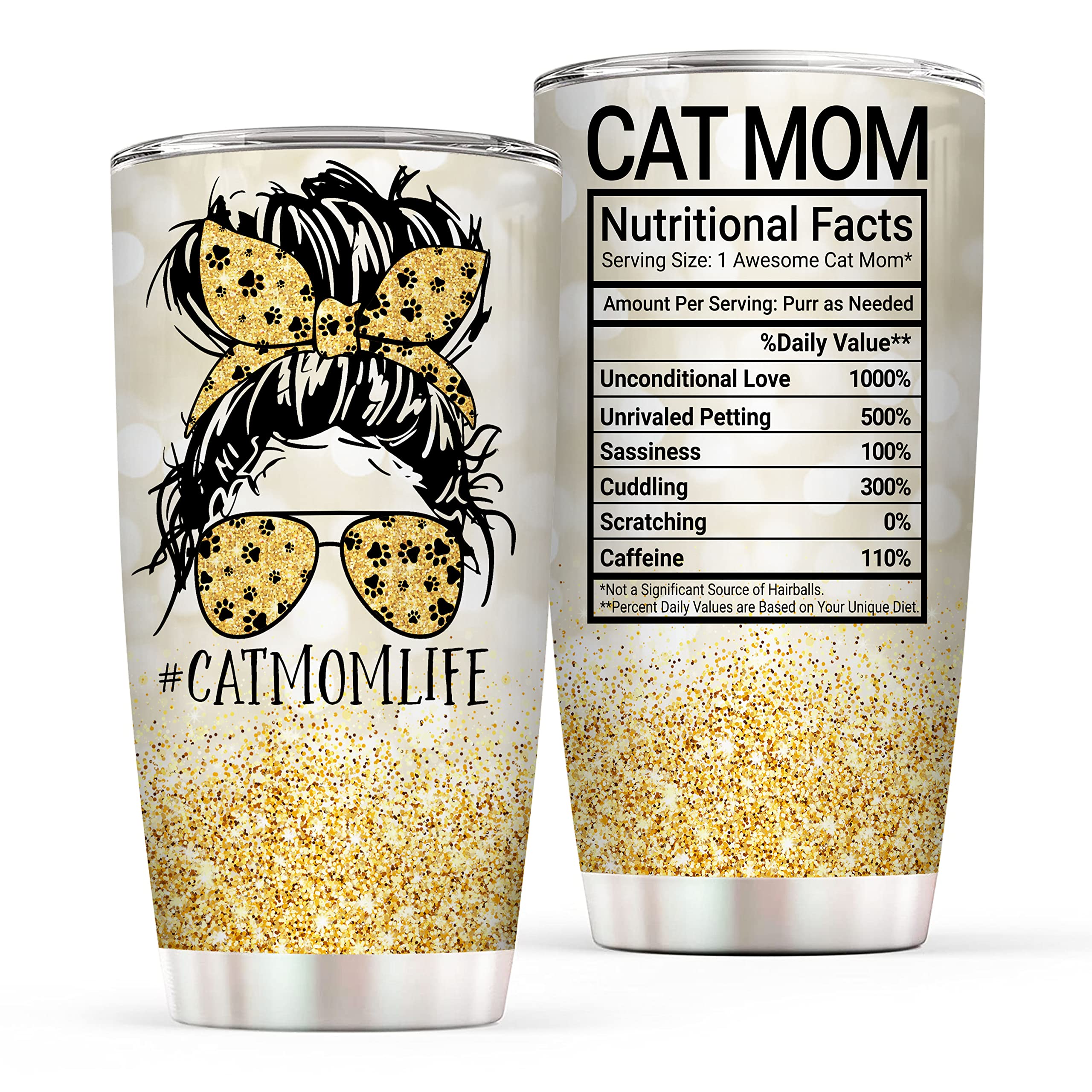 Vprintes Insulated Stainless Steel Cat Tumbler - 20oz Cat Mom Mug with Nutrition Facts - Perfect Cat Lovers Gifts for Women on Birthday, Mother's Day, Christmas - Ideal for Coffee, Tea, and Office Use
