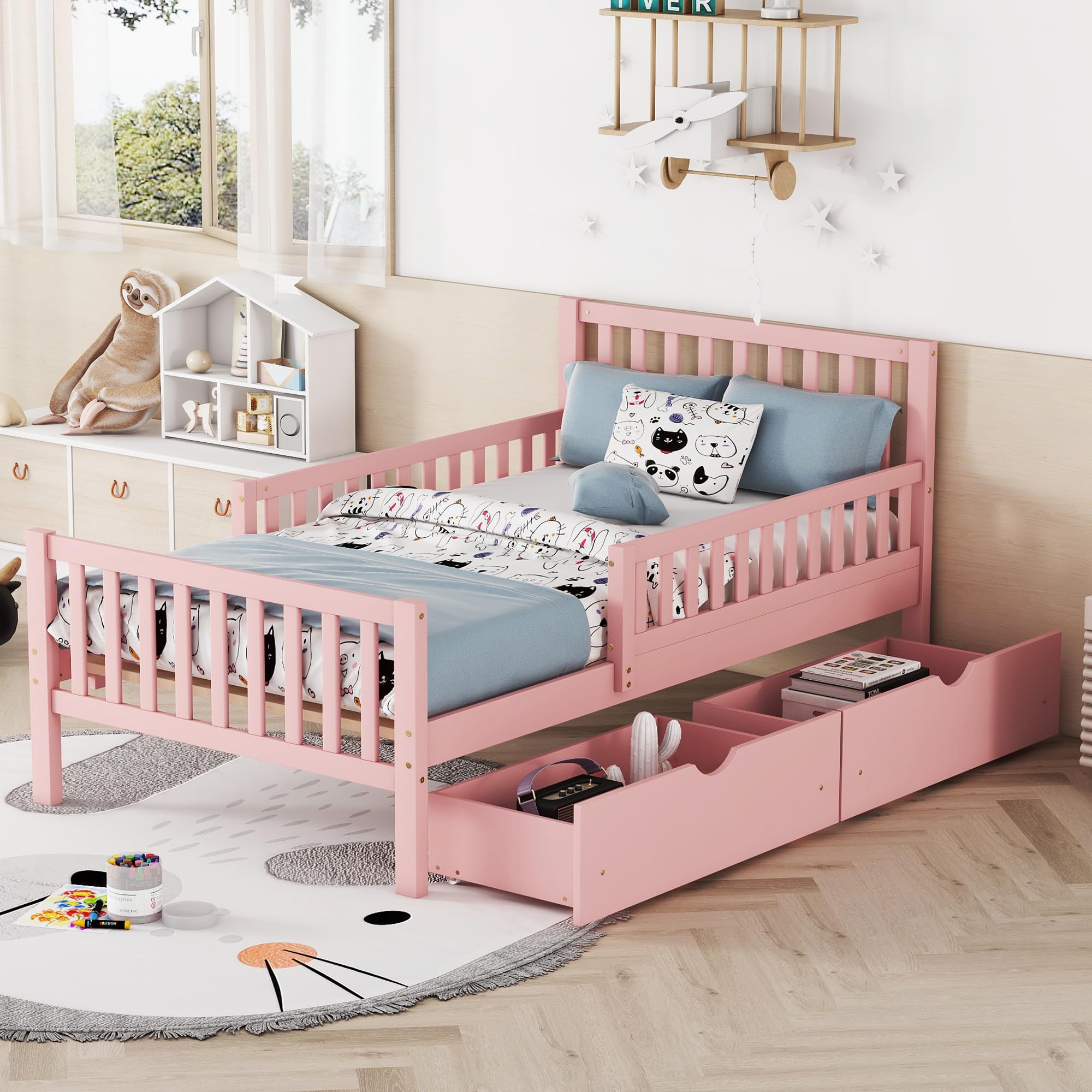 Pink Twin Size Kids Bed Frame with Guardrails, Low Platform Bed with Headboard & Footboard - 2 Storage Drawers for Boys & Girls | Perfect for Small Bedrooms, Daycare Centers & Kids' Sleepovers