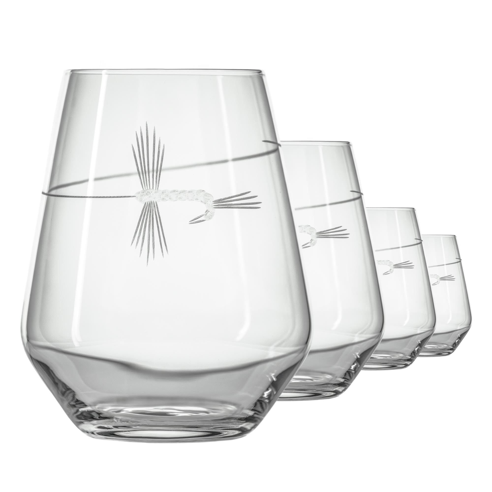 Premium Fly Fishing Stemless Wine Tumbler Set of 4 - 18oz Lead-Free Engraved Glasses for Outdoor Enthusiasts | Perfect for Camping, Picnics & Wine Tasting | Made in USA