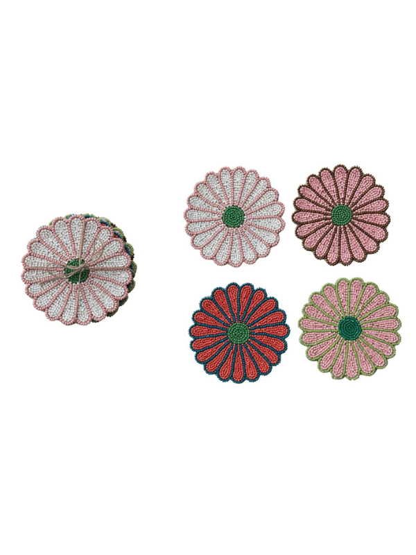 Glass Beaded Flower Coasters Set of 4 - Elegant Floral Drink Coasters for Coffee Table Decor - Perfect for Home, Office, and Party Use