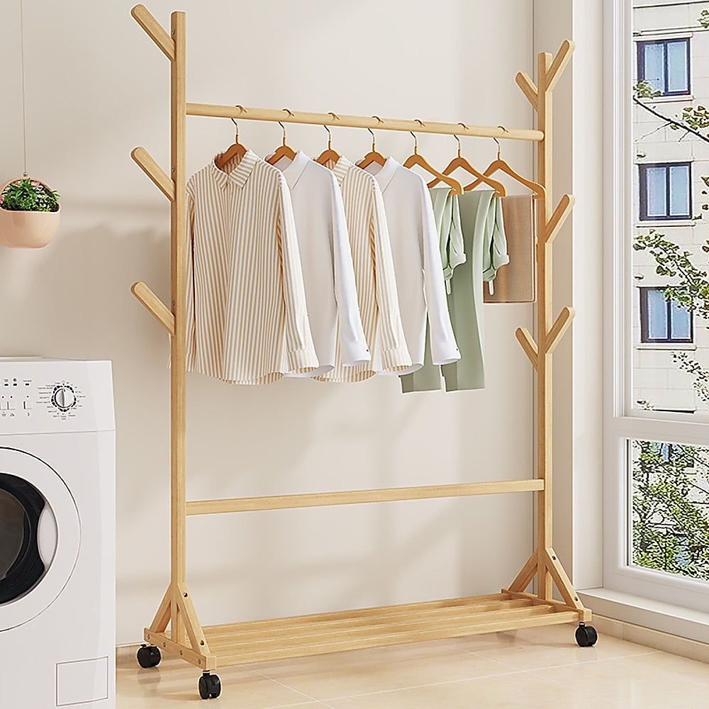 Portable Bamboo Clothes Rack - Adjustable Garment Stand with Wheels for Coat Hanging, Drying, and Organizing - Perfect for Bedroom, Closet, Laundry Room, and Small Spaces