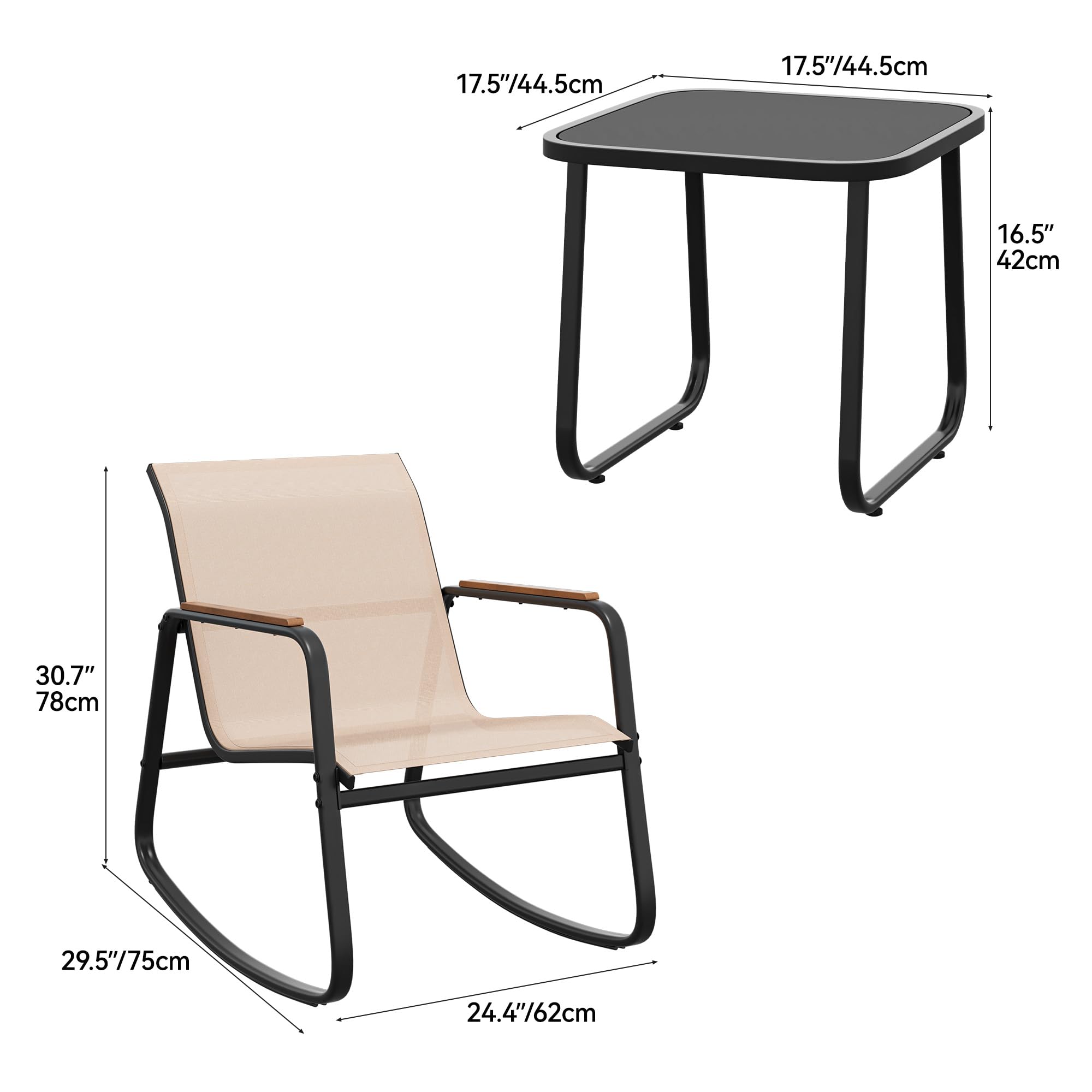 YITAHOME 3-Piece Outdoor Rocking Bistro Set with Wooden Armrests & Glass Table - Patio Furniture for Garden, Balcony, Poolside & Porch - Beige Rattan Chairs for Relaxing & Entertaining