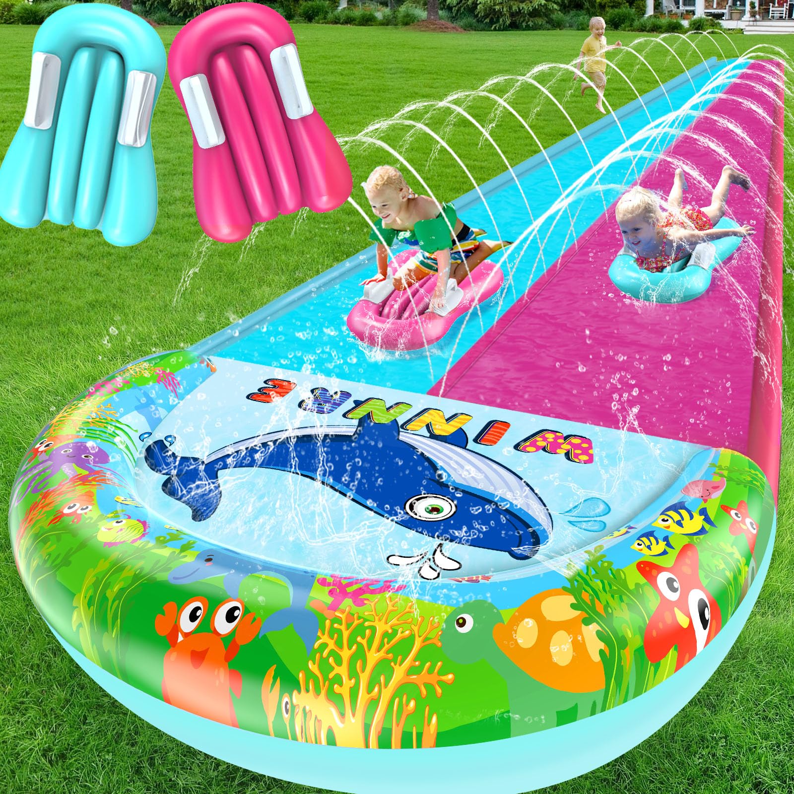 33FT x 6FT Extra Long Double Lane Inflatable Water Slide for Kids & Adults - Heavy Duty Backyard Water Park with Sprinkler System, 2 Inflatable Bodyboards & Safety Crash Pad - Perfect for Summer Parties, Family Gatherings & Outdoor Water Play Activities