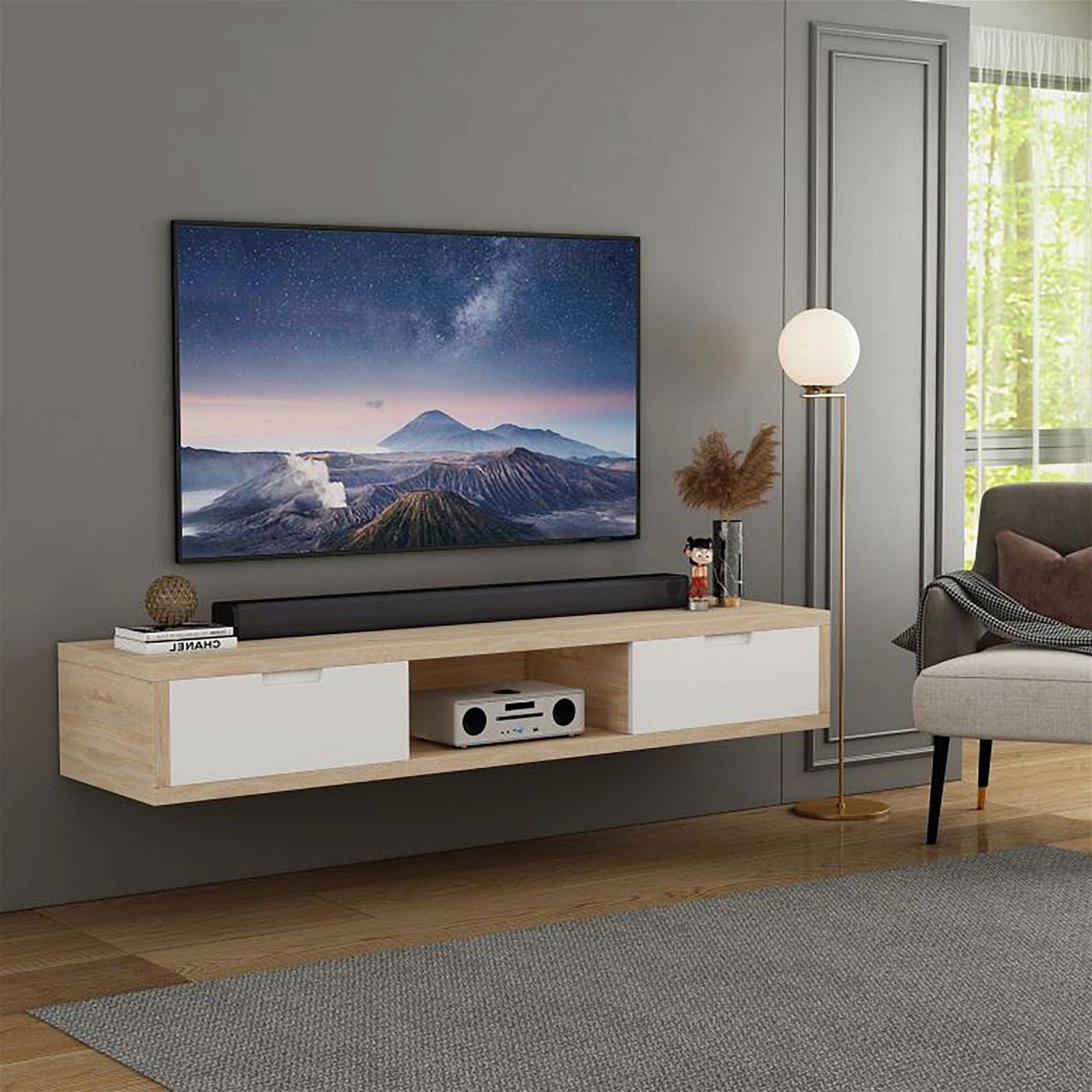 Criterion 1500mm Oak Wall Mounted TV Stand - Modern Entertainment Center for Living Room & Home Theater