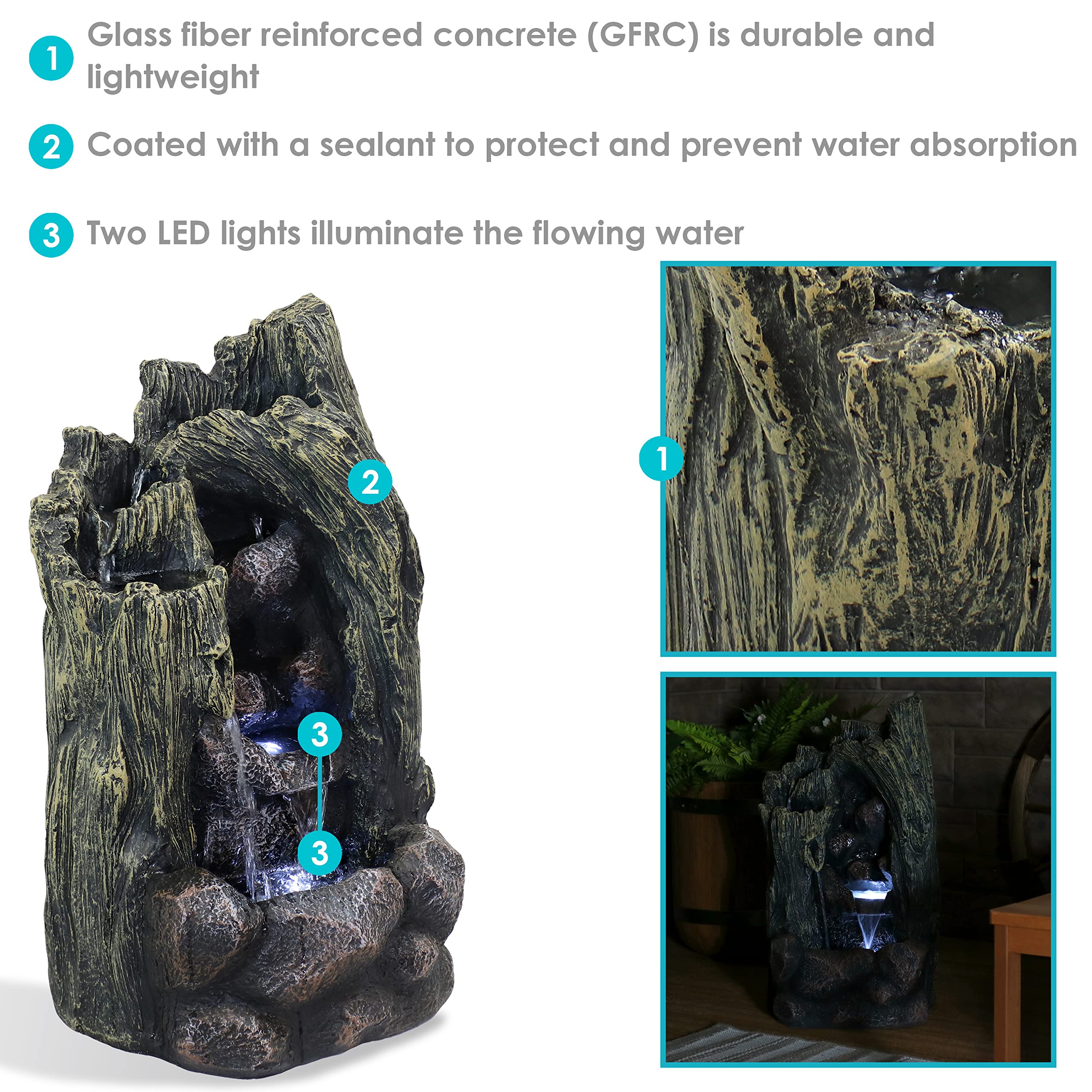 Sunnydaze 28-Inch Outdoor Rock Water Fountain with LED Light - Glass Fiber Reinforced Concrete - Garden Decor, Patio Water Feature, Zen Meditation Fountain for Backyard & Landscaping