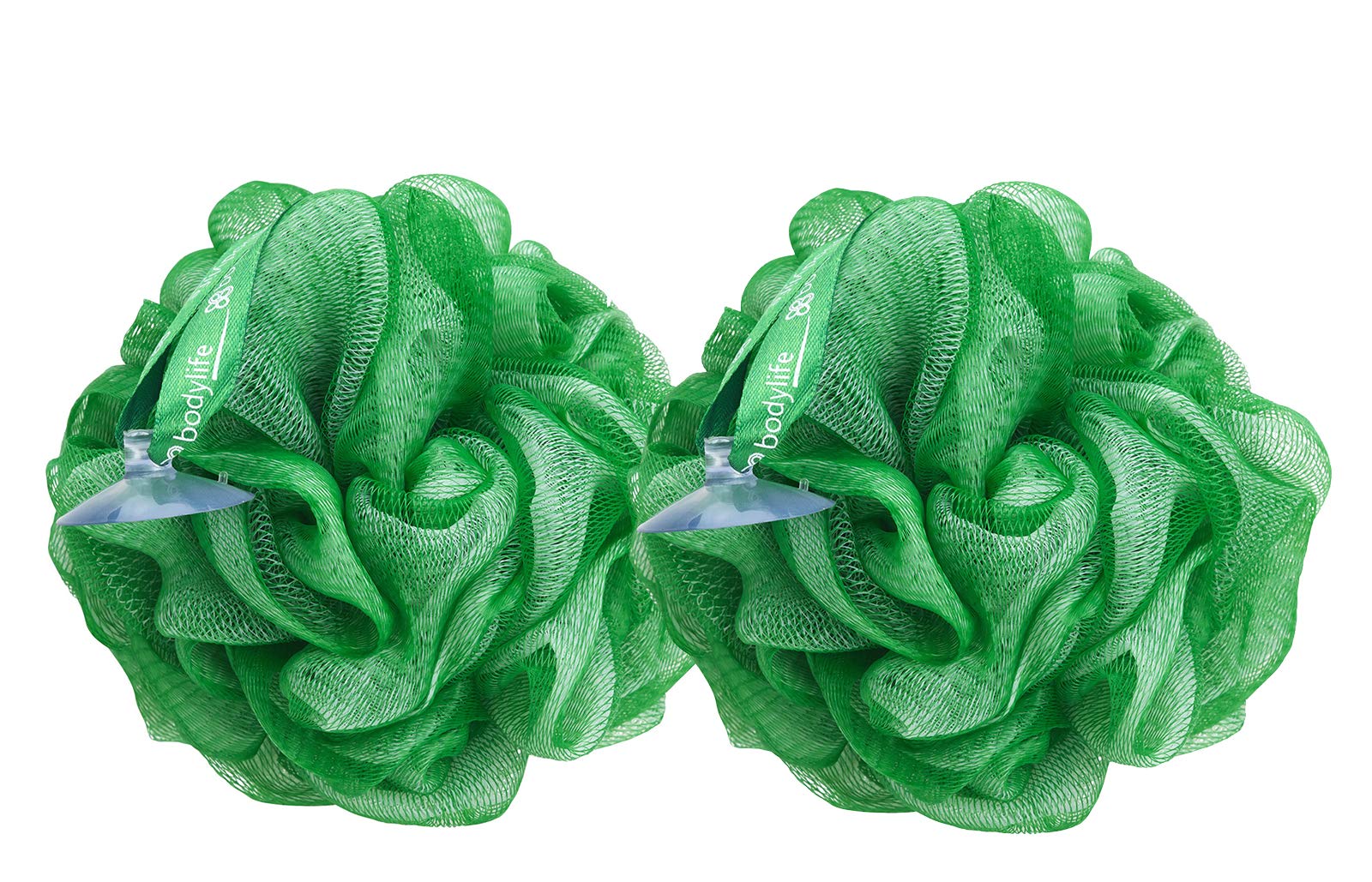 Bodylife Exfoliating Bath & Shower Pouf Scrubber - Green & White Twin Pack (55g) | Gentle Skin Exfoliation for Smooth & Glowing Skin | Perfect for Daily Shower & Spa Days