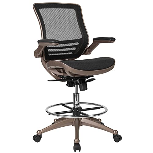 Ergonomic Mid-Back Mesh Drafting Chair with Flip-Up Arms - Black Transparent Mesh & Melrose Gold Frame - Adjustable Office Chair for Computer Work, Gaming & Lounge Use