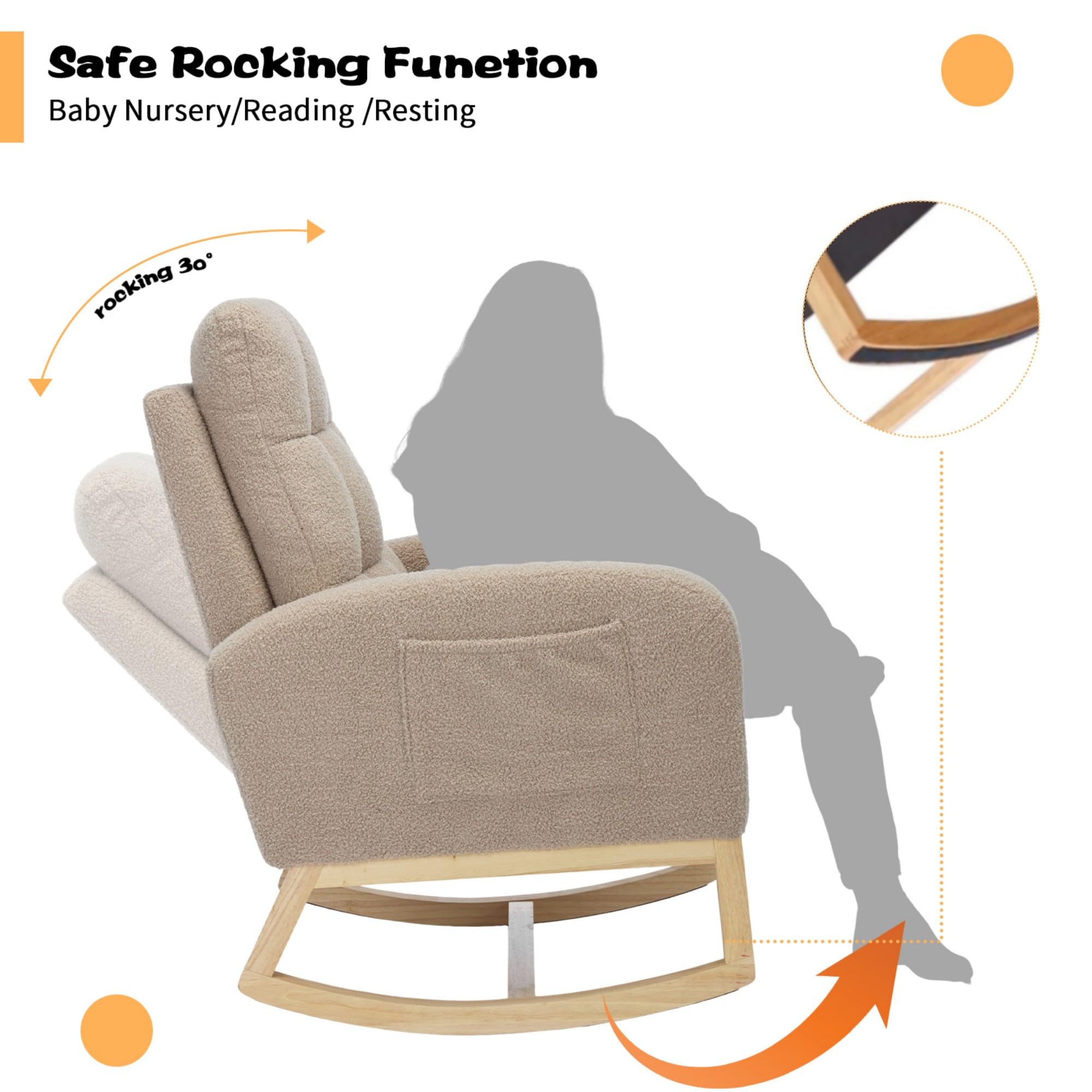 **Adjustable Nursery Rocking Chair with Footrest – Solid Wood Legs, Teddy Fabric, High Backrest & Side Pockets – Comfortable Lounge Armchair for Living Room, Nursery, or Bedroom (Light Coffee)**    *(Perfect for nursing, reading, relaxing, or as a stylish accent chair in your home decor.)*