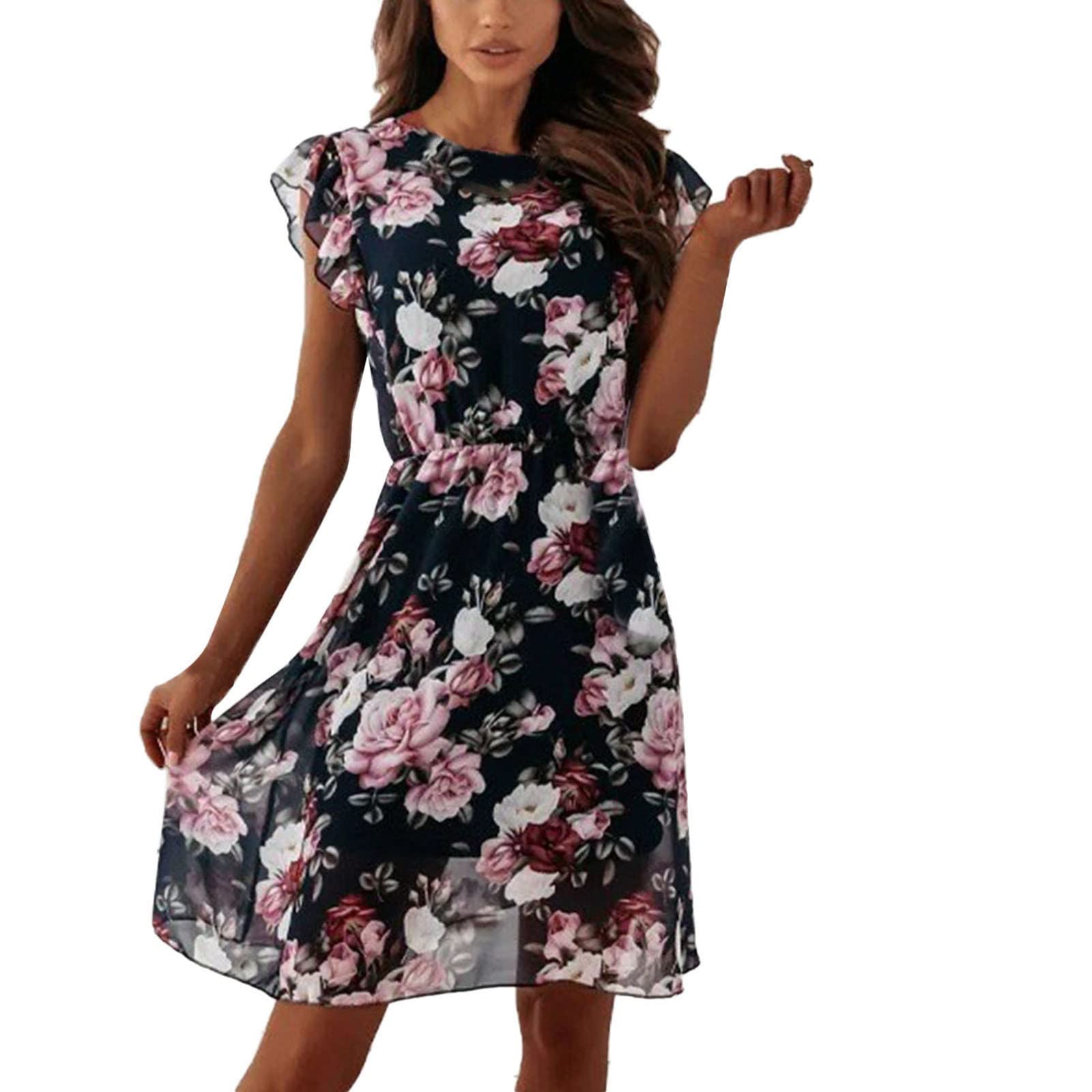 Women's Short Sleeve O-Neck Boho Floral Mini Dress - Elastic Waist A-Line Summer Casual Dress | Perfect for Beach Vacations, Music Festivals & Summer Parties