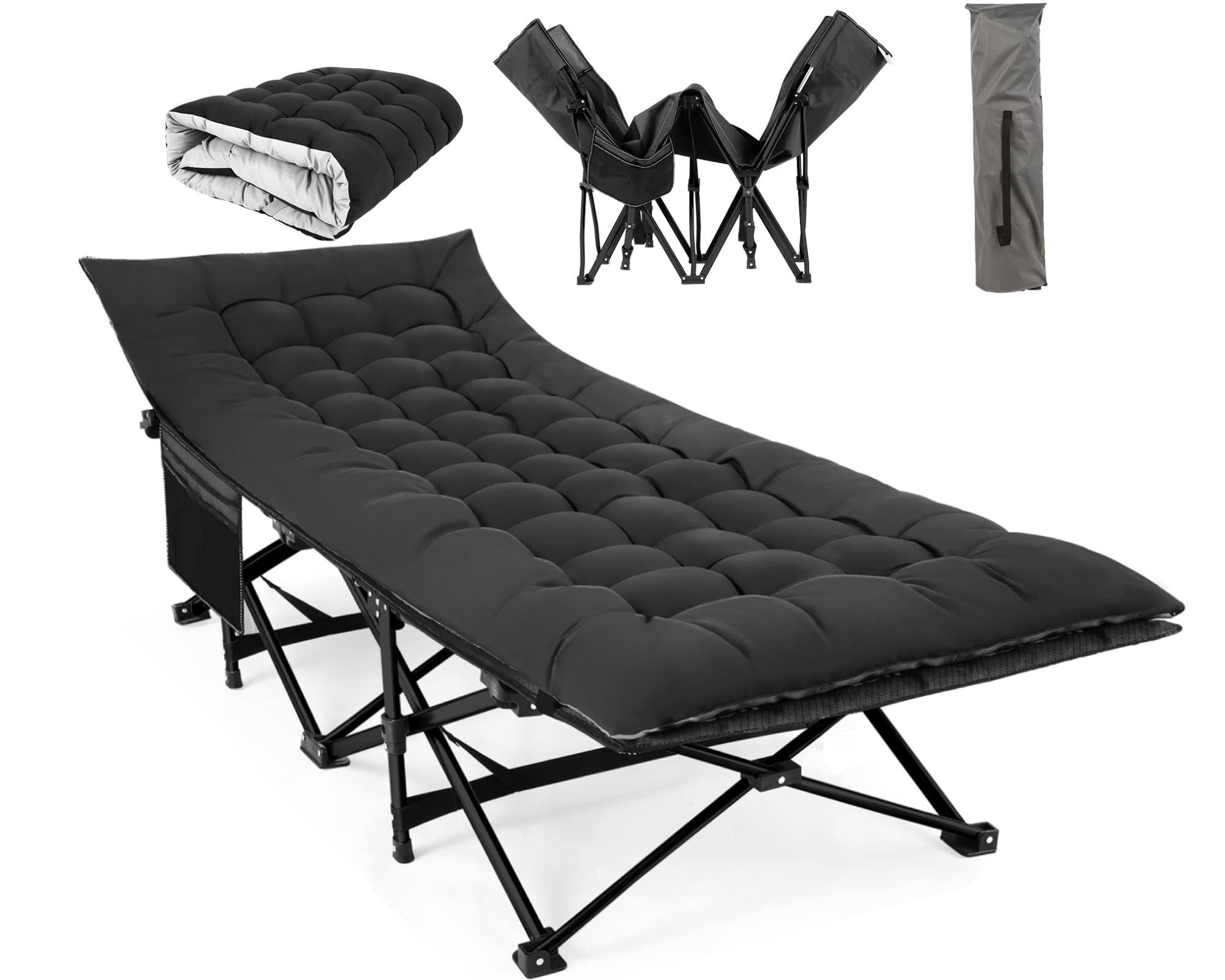 Heavy Duty 900lbs Capacity Camping Cot for Adults with Mattress - Double Layer Oxford Fabric, Portable Folding Sleeping Cot - Lightweight, Stable & Durable - Perfect for Camping, Hiking, Backpacking & Outdoor Adventures (Black)