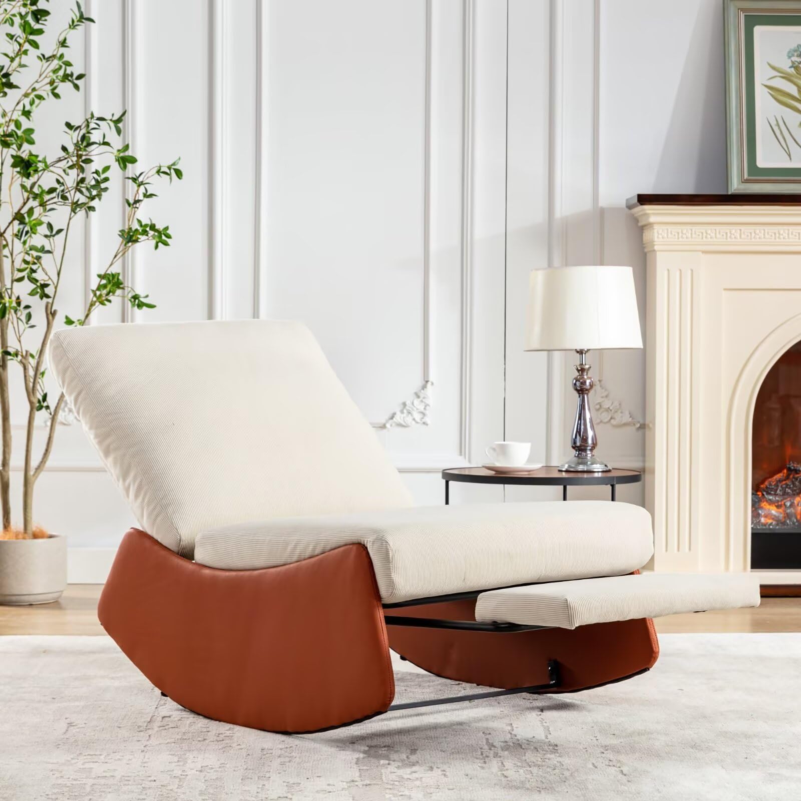 Comfortable Upholstered Glider Rocking Chair with High Backrest, Padded Seat & Footrest - Nursery, Reading & Accent Armchair for Living Room, Bedroom, Nursery & Studio (Orange & Beige) - Perfect for Nursing, Relaxing & Home Decor