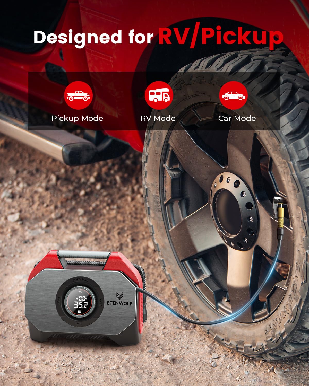 ETENWOLF VORTEX S6SE Cordless Tire Inflator Portable Air Compressor - 160 PSI High Pressure Air Pump for Car Tires, Heavy-duty Vehicles & Bikes with 15600mAh Rechargeable Battery, Dual Cylinder Design - Perfect for Road Trips, Emergency Flat Tire Repair & Garage Use (Red)