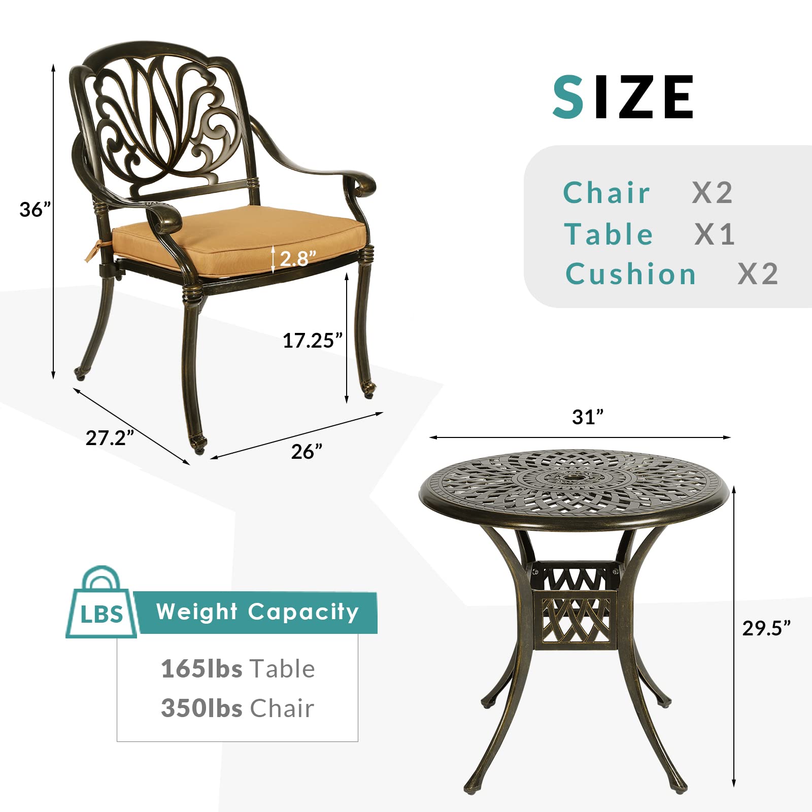 MEETWARM 3-Piece Outdoor Patio Bistro Set - All-Weather Cast Aluminum Dining Furniture with 2 Cushioned Chairs & 31