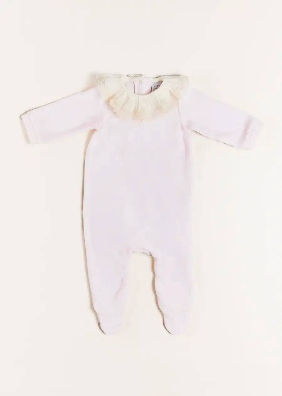 Pink Velour Lace Trim Collar Baby Romper - Soft One-Piece Outfit for Newborn to 12 Months | Perfect for Photoshoots, Special Occasions & Everyday Wear