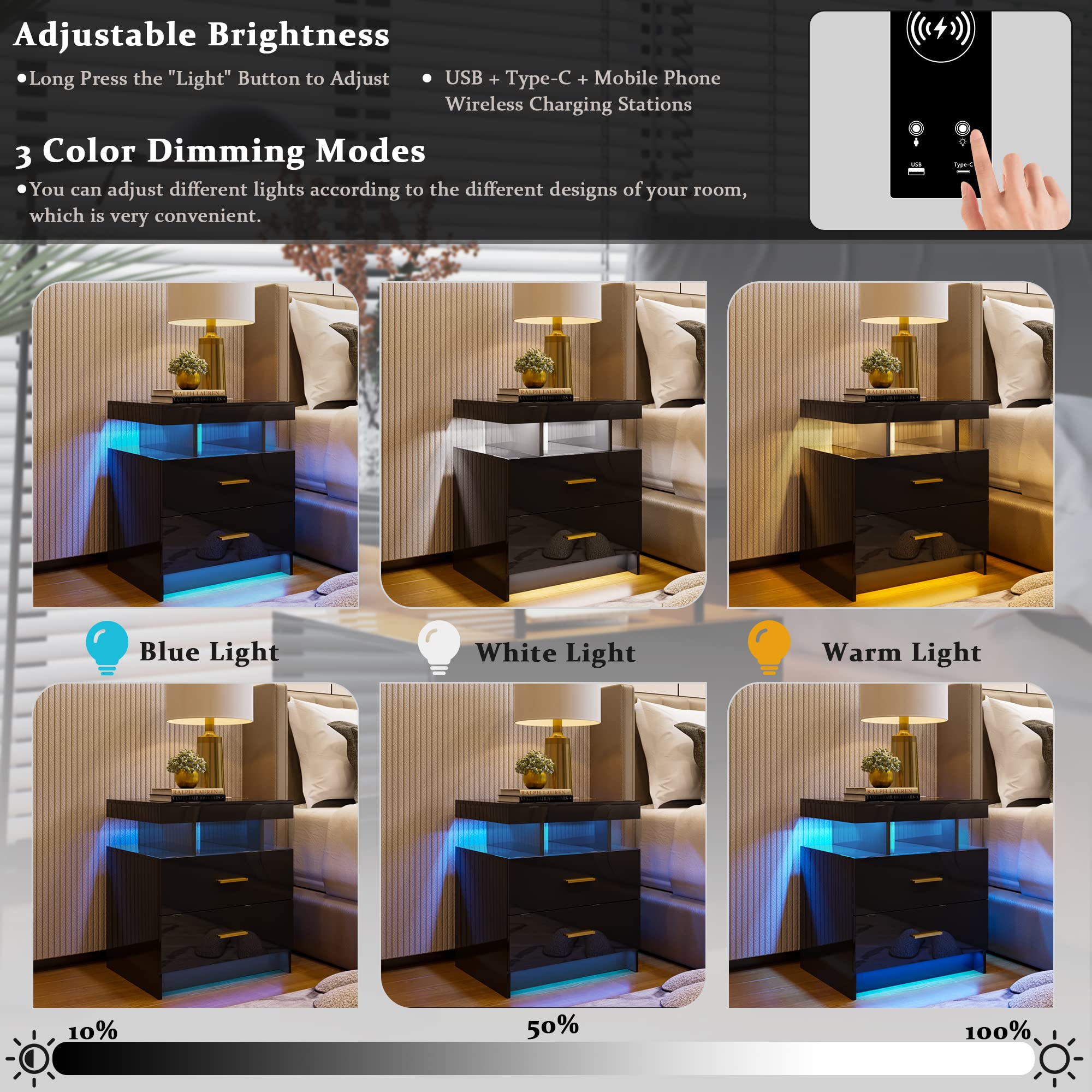 HNEBC Modern LED Nightstand with Wireless Charging & USB Ports - High Gloss Bedside Table with 2 Drawers, Floating Design, 3-Color Adjustable LED Light Strip for Bedroom, Living Room, or Office