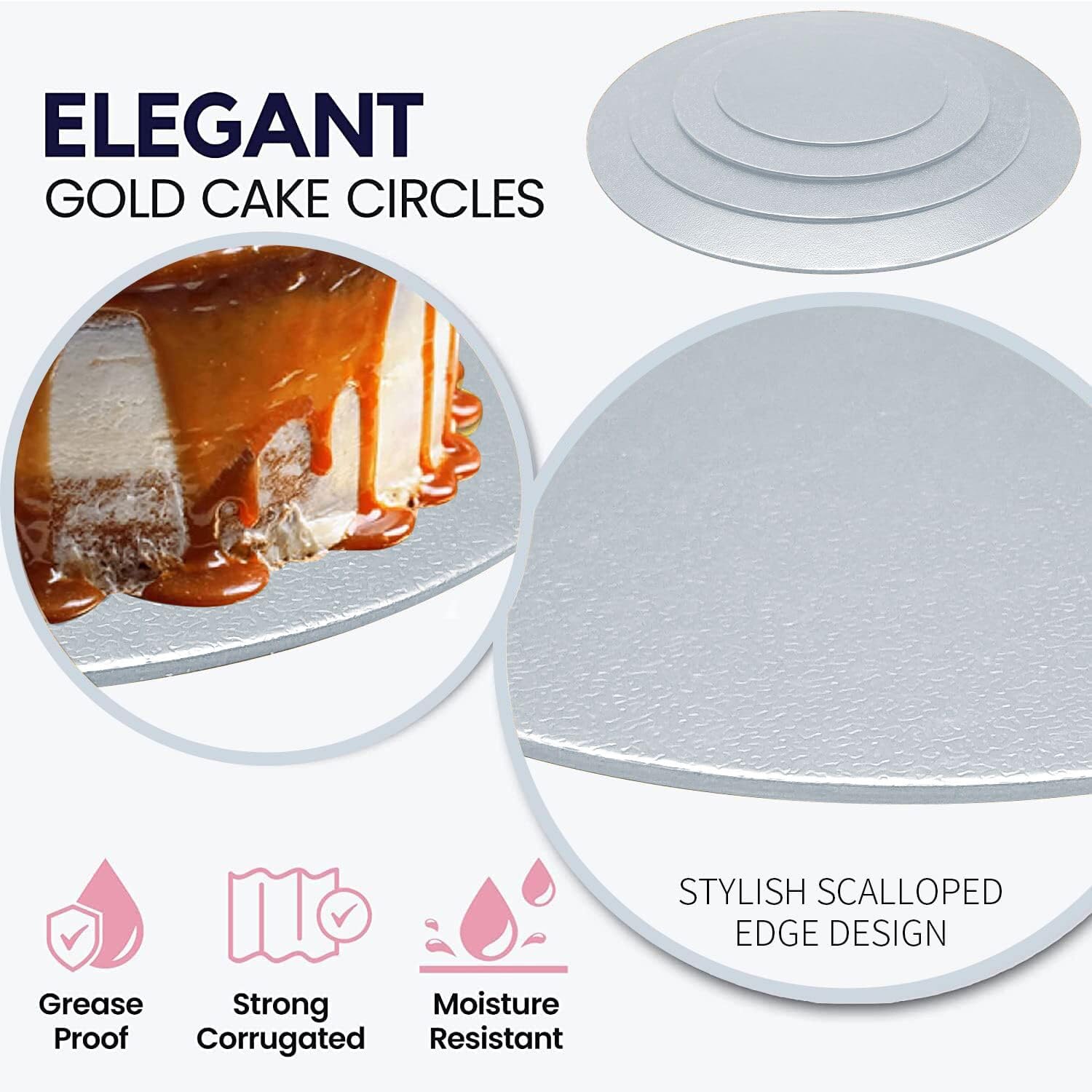 GOIIO 4-Piece Round Cake Boards Set - 6, 8, 10, 12 Inch Golden Cardboard Cake Circles for Baking, Decorating & Serving - Perfect for Birthday Cakes, Wedding Cakes & Dessert Displays