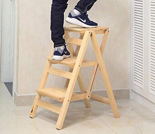 3-Step Foldable Wooden Step Stool Ladder - Portable Handy Stool, Seat, Flower Stand for Home, Kitchen, Bathroom & Utility Use - Natural Wood Color
