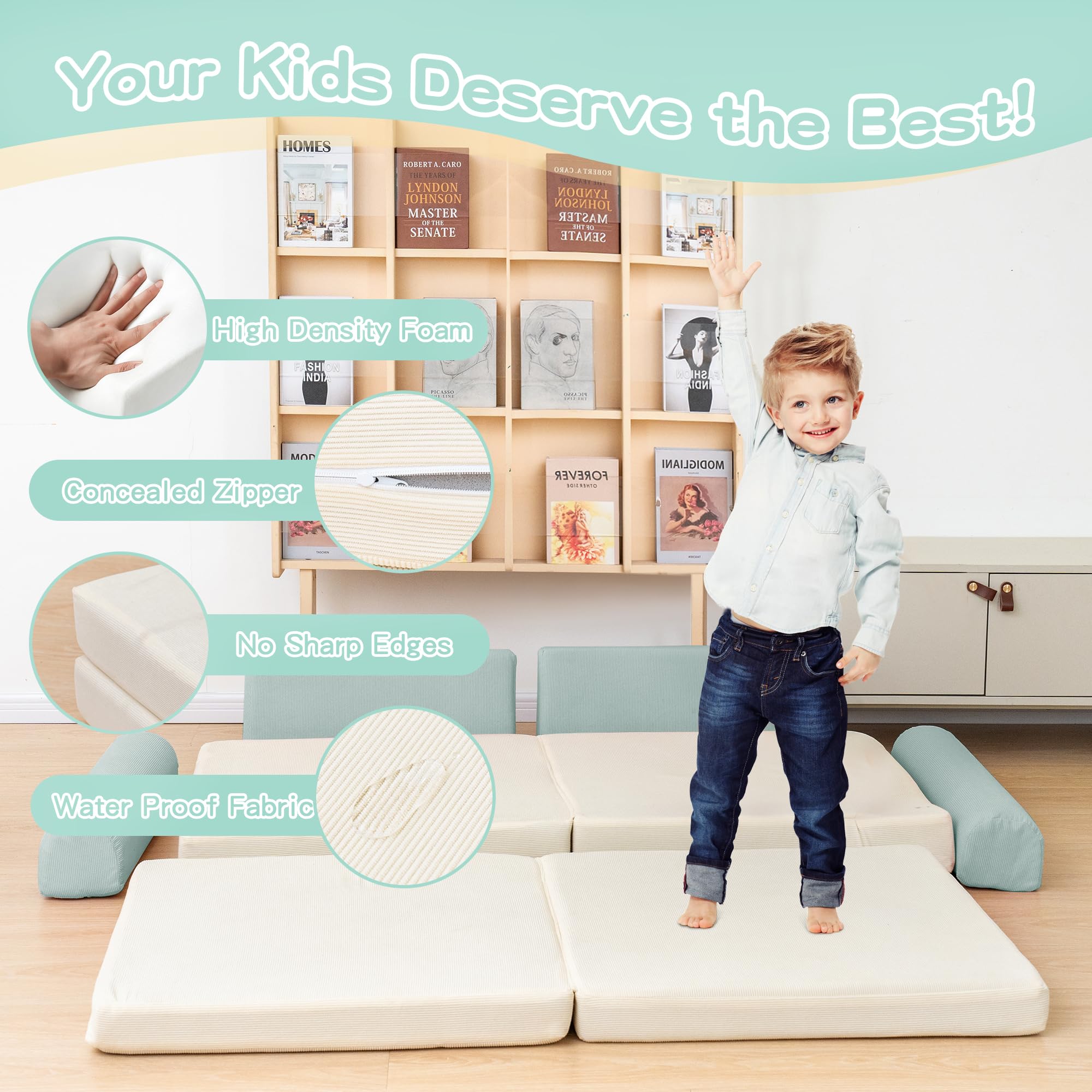 Modular Kids Play Couch - Convertible Toddler Foam Sofa for Playroom | Corduroy Fabric Nugget Couch with 5-Second Instant Expansion | Baby Explorer Set in Cyan & Beige | Perfect for Indoor Play, Reading Nook, and Nap Time