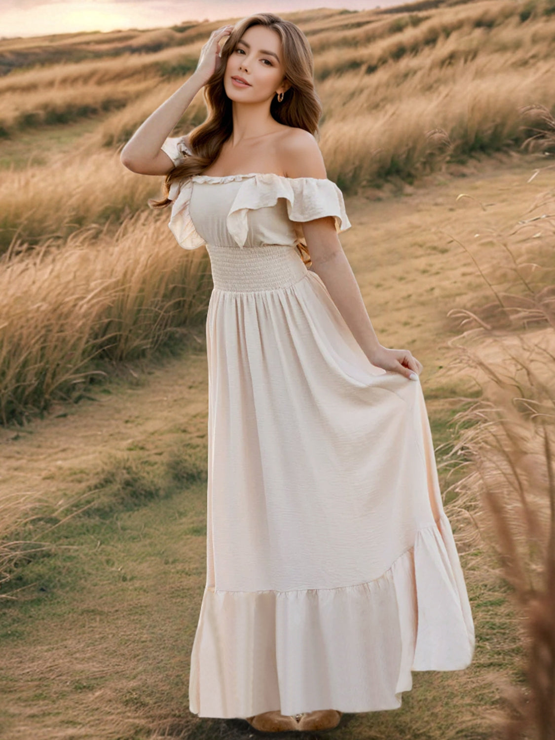 Elegant Ruffled Square Neck Maxi Beach Dress for Women - Flowy Summer Vacation Dress for Beach, Pool, and Resort Wear