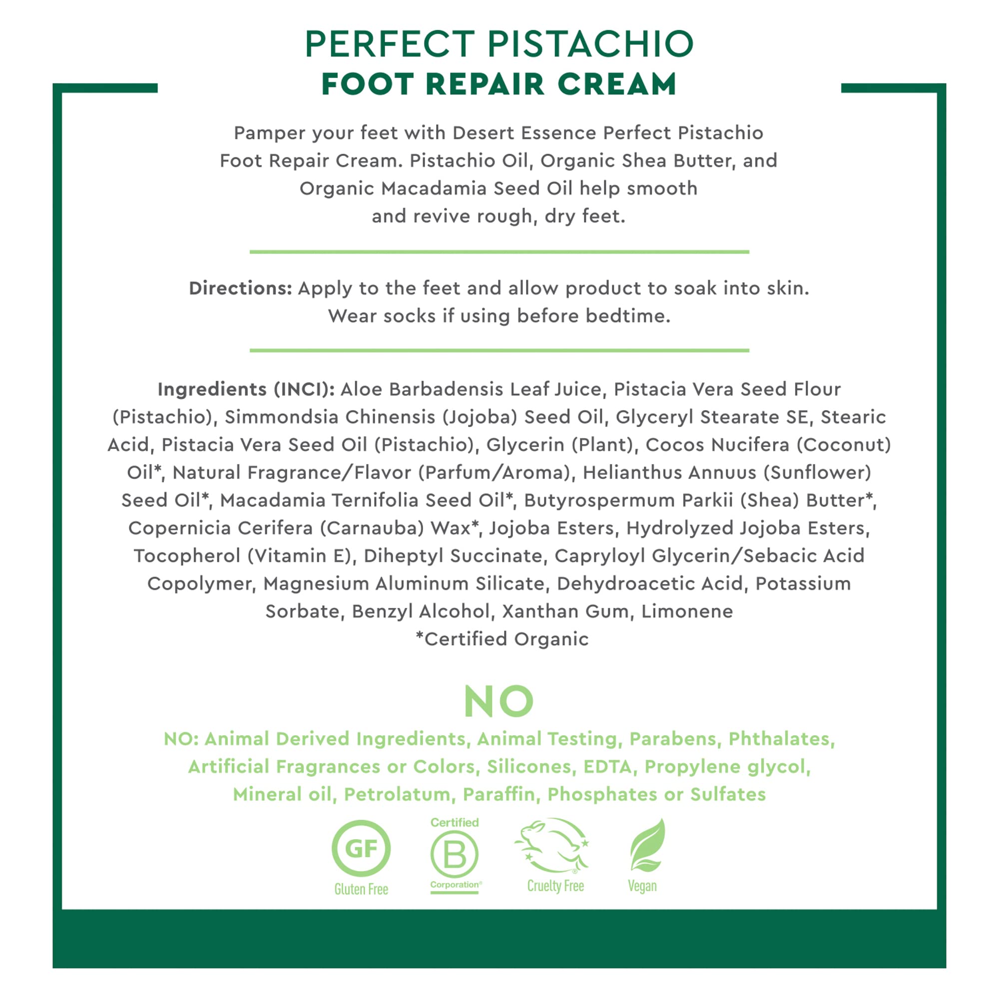 Organic Pistachio Foot Repair Cream by Desert Essence - 3.5 fl oz | Deep Moisturizing & Healing for Dry, Cracked Feet | Perfect for Pedicures, Spa Days & Daily Foot Care