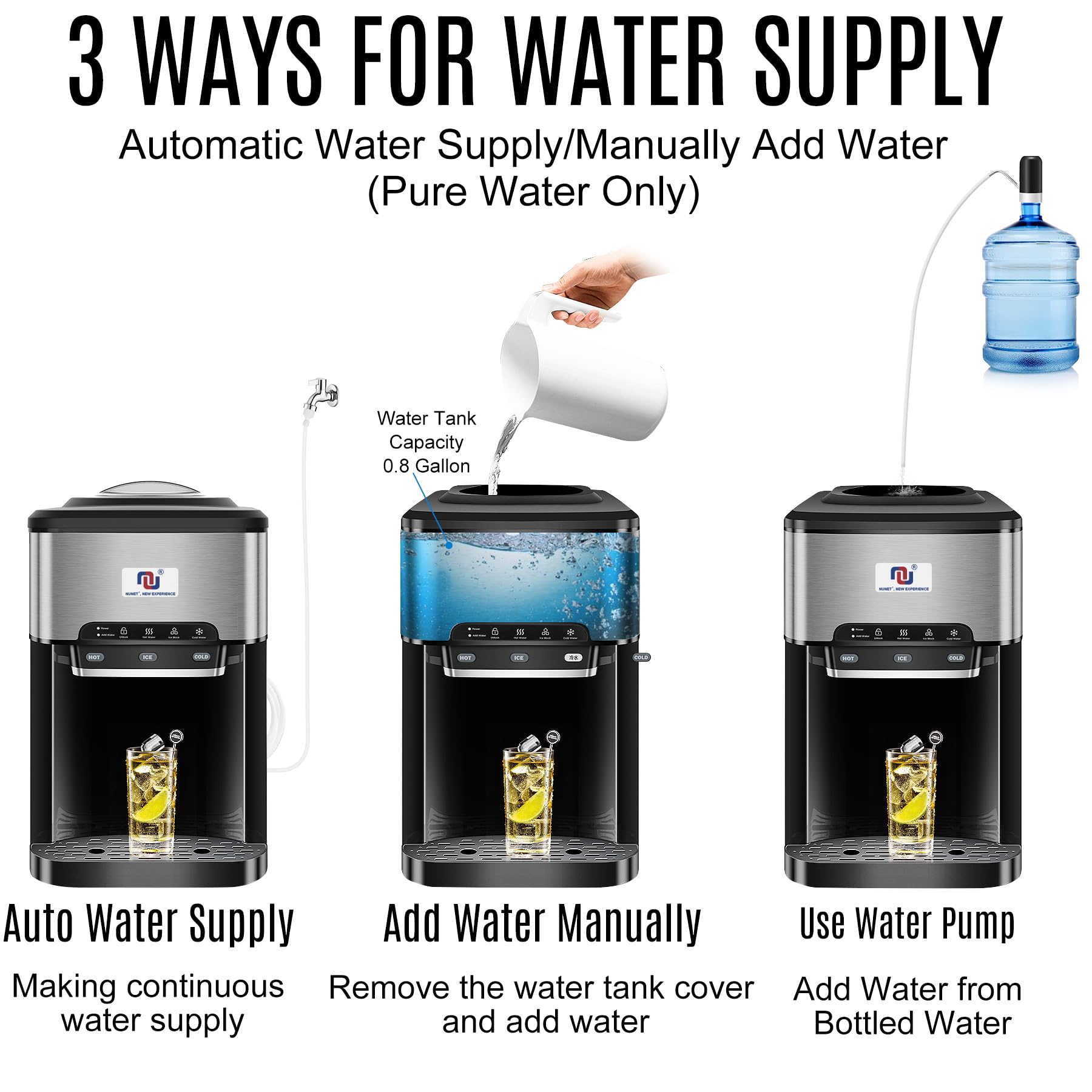 Portable Countertop Ice Maker with Water Dispenser - 3-in-1 Compact Ice Machine Produces 44 lbs Daily, 4 lb Storage - Includes 10ft Water Hose - Perfect for Home, Office, RV & Outdoor Entertaining