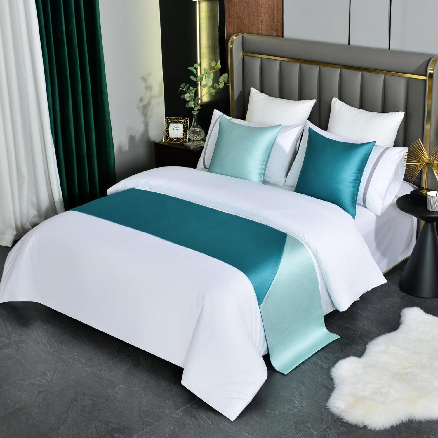 Twelves Prague Contrast Green King Size Bed Runner - Patchwork Decorative Bed Scarf for Hotel, Home & Guest Room - Perfect for Luxury Bedding Accents and Elegant Bedroom Decor