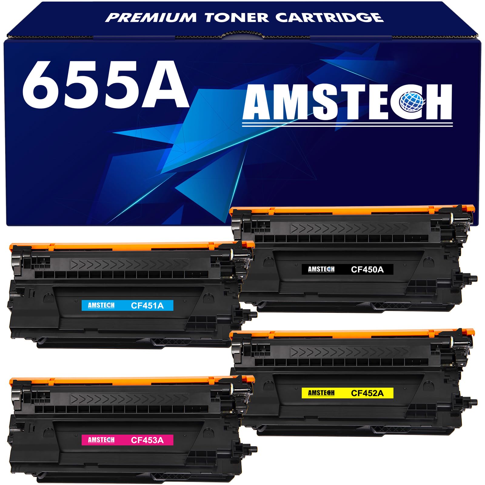 Amstech Compatible Toner Cartridge Replacement for HP 655A CF450A CF451A CF452A CF453A - Works with HP Color Enterprise M652n M652dn M653dn M653x M653dh MFP M681dh M681f M682z Printers (Black, Cyan, Magenta, Yellow) - High Yield Printing for Office & Business Documents