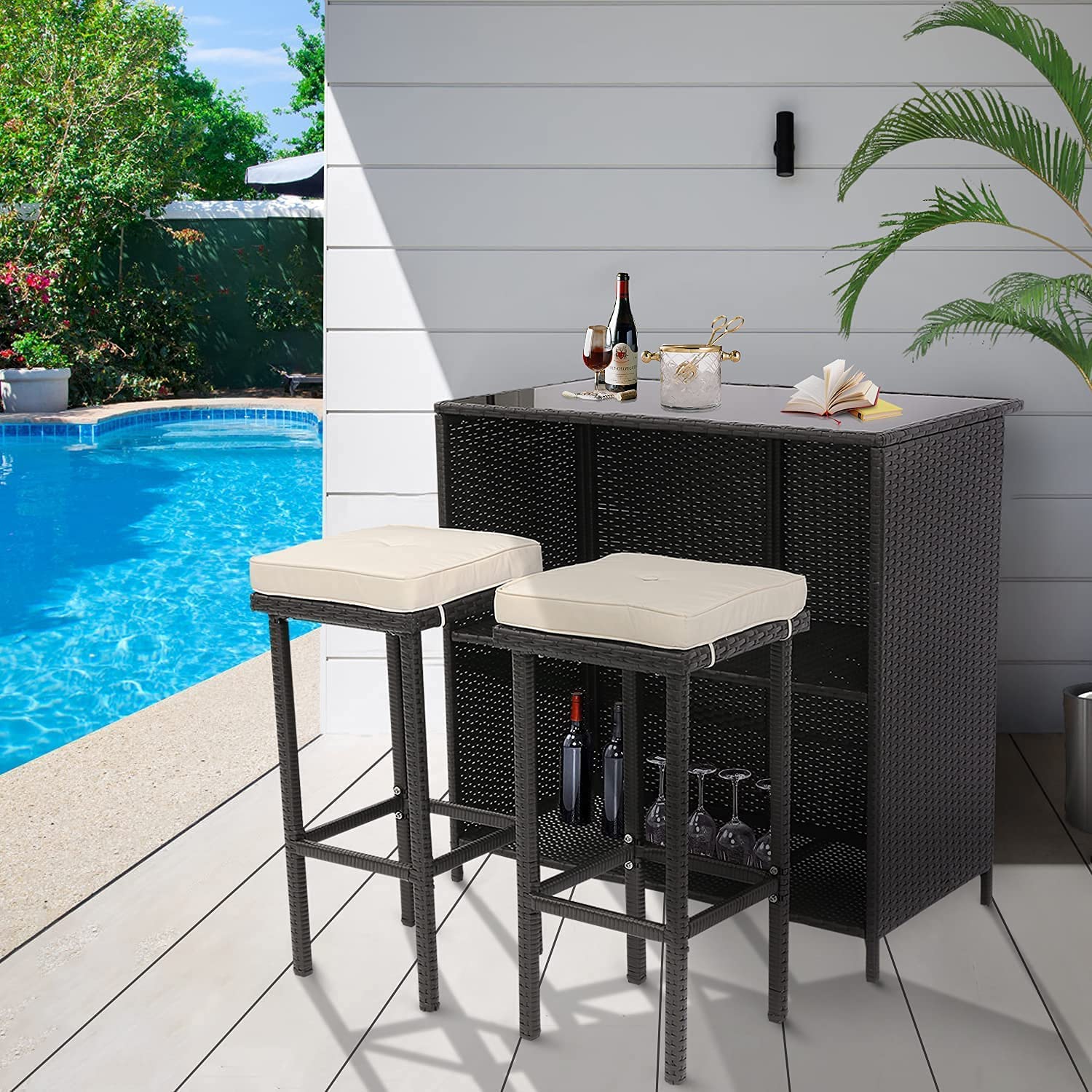 3-Piece Wicker Patio Bar Set with 2 Storage Racks - Rattan Bar Table & Stools for Outdoor Dining, Backyard, Garden (Beige) | Perfect for Poolside Entertaining, BBQ Parties & Relaxing in Your Outdoor Space