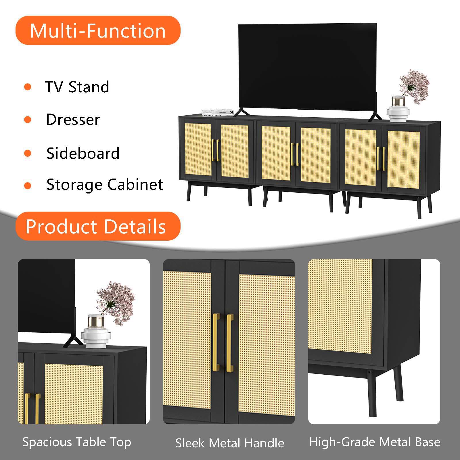 LYNSOM 3-Piece Wooden Sideboard Buffet Cabinet with Rattan Doors - Long Storage Cupboard Console Table for Hallway, Entryway & Living Room - Black Modern Farmhouse Decor for Dining Room & Home Organization