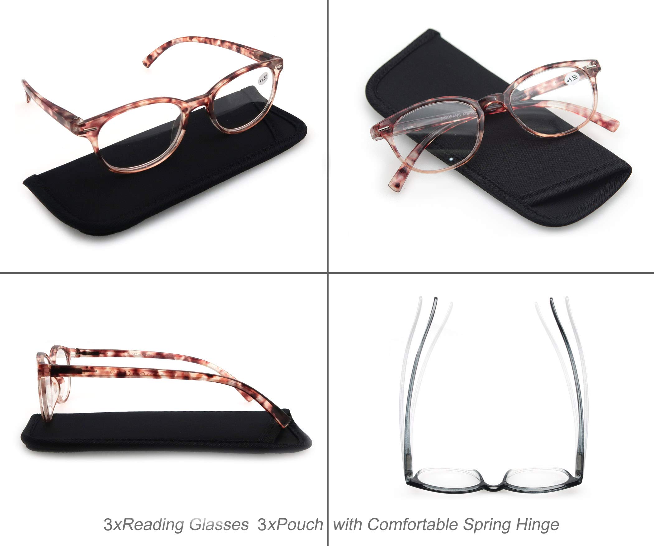 Stylish Round Reading Glasses for Men & Women - 3 Pairs with Spring Hinge (+3.00 Magnification) - Perfect for Reading Books, Using Phones & Working on Computers