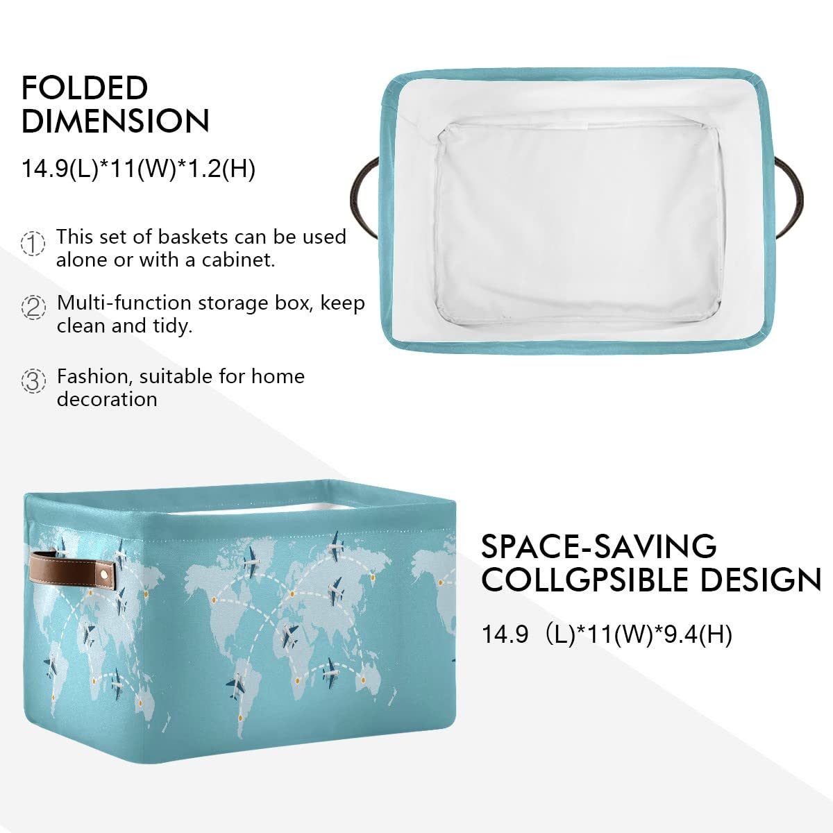Foldable Storage Bins Cube Basket - World Map Airplanes Design Closet Shelf Organizer with Dual Handles - Perfect for Bedroom, Closet, Office & Kids Room Organization