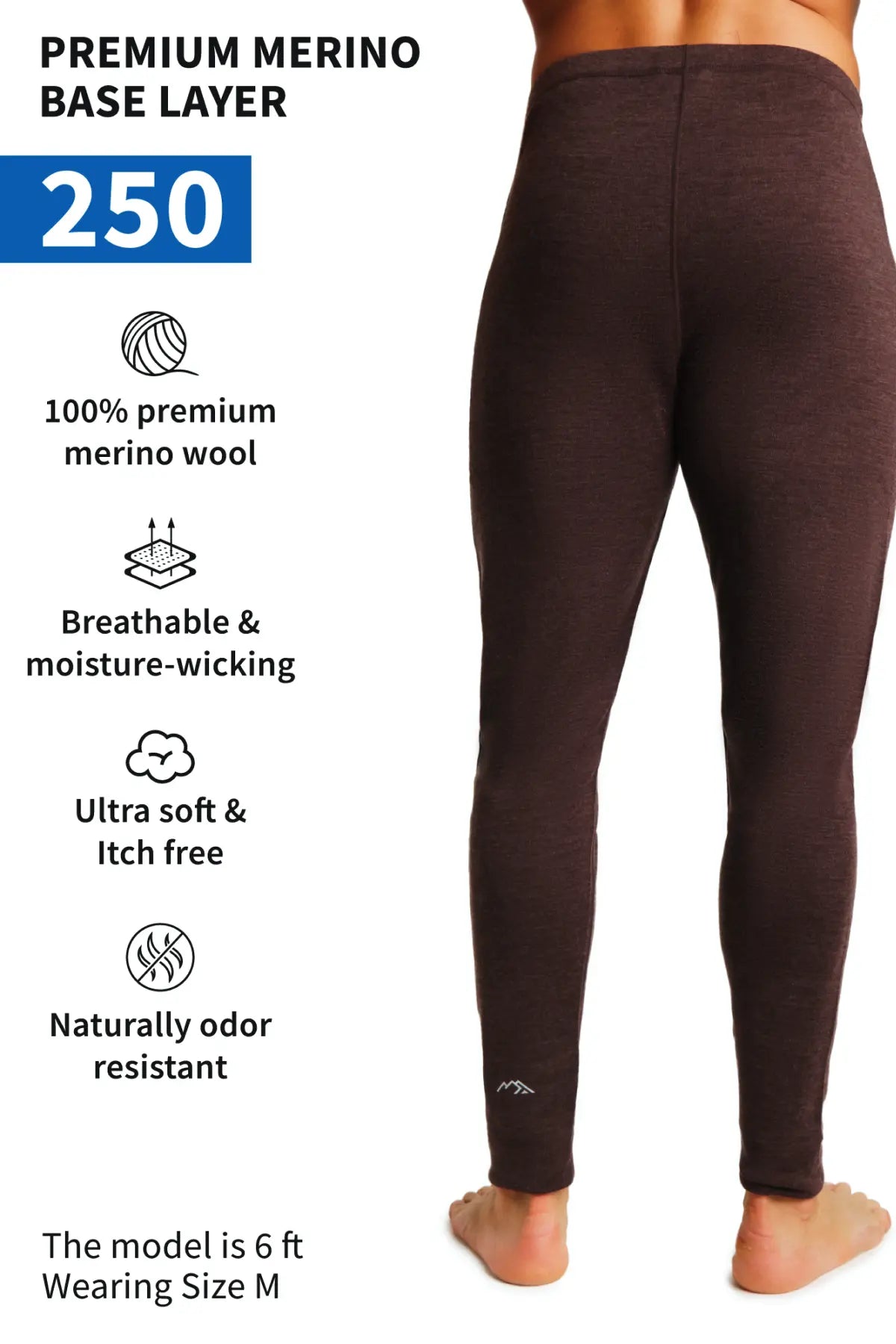 Premium Men's Merino Wool Pants 250g - Soft & Warm Winter Hiking Base Layer - Chocolate Brown for Outdoor Activities & Casual Wear