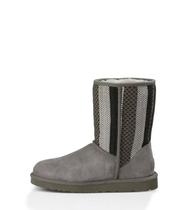 Ugg Classic Short Woven Suede Boots for Women - Comfortable Winter Shoes with Soft Sheepskin Lining - Perfect for Casual Outfits, Snow Days & Cozy Indoor Wear