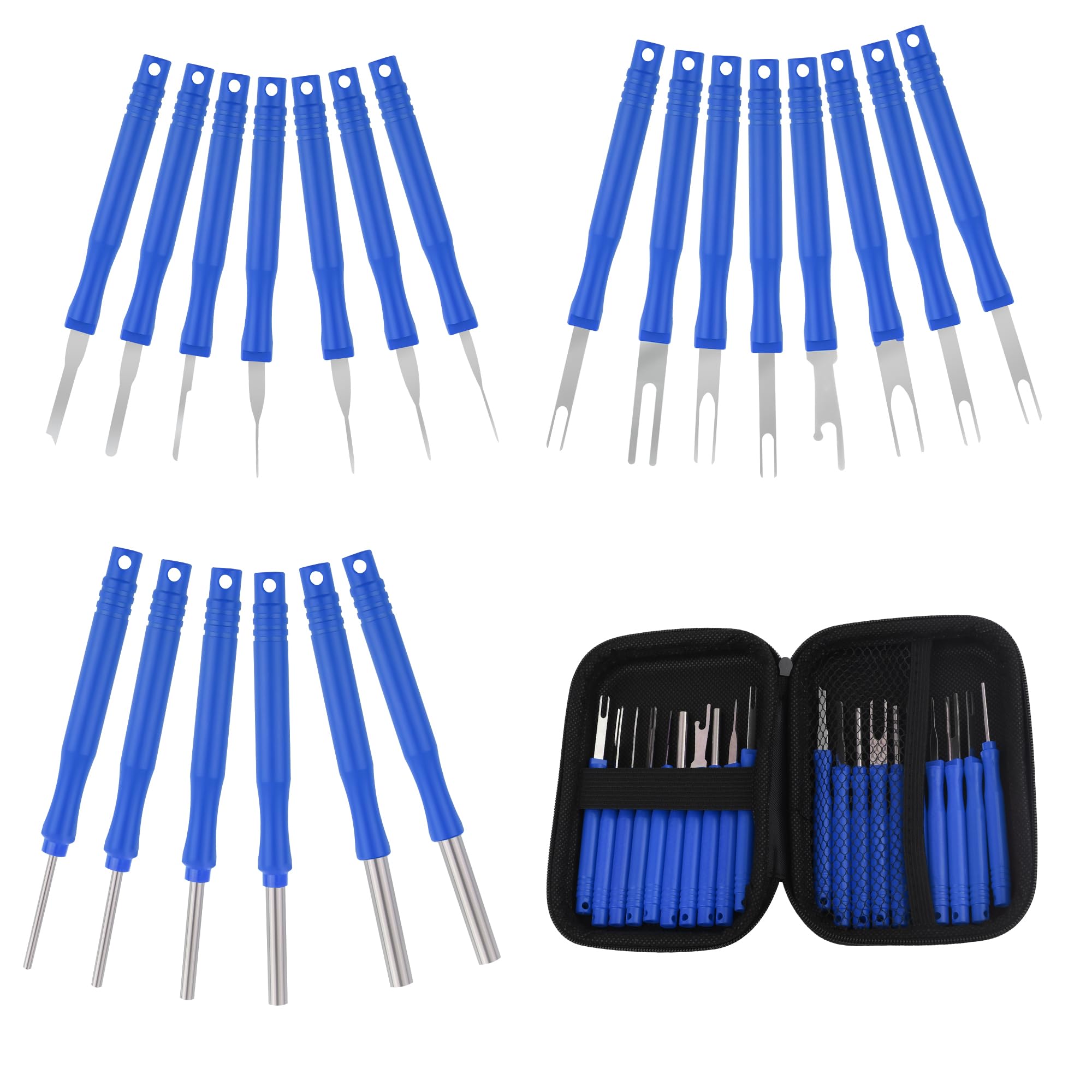 Carleef 21PCS Premium Automotive Terminal Removal Tool Kit with Zipper Case - Stainless Steel Electrical Pin Extractor & Depinning Tool Set for Car Connectors (Blue) - Ideal for Auto Repair, Electrical Maintenance & DIY Projects