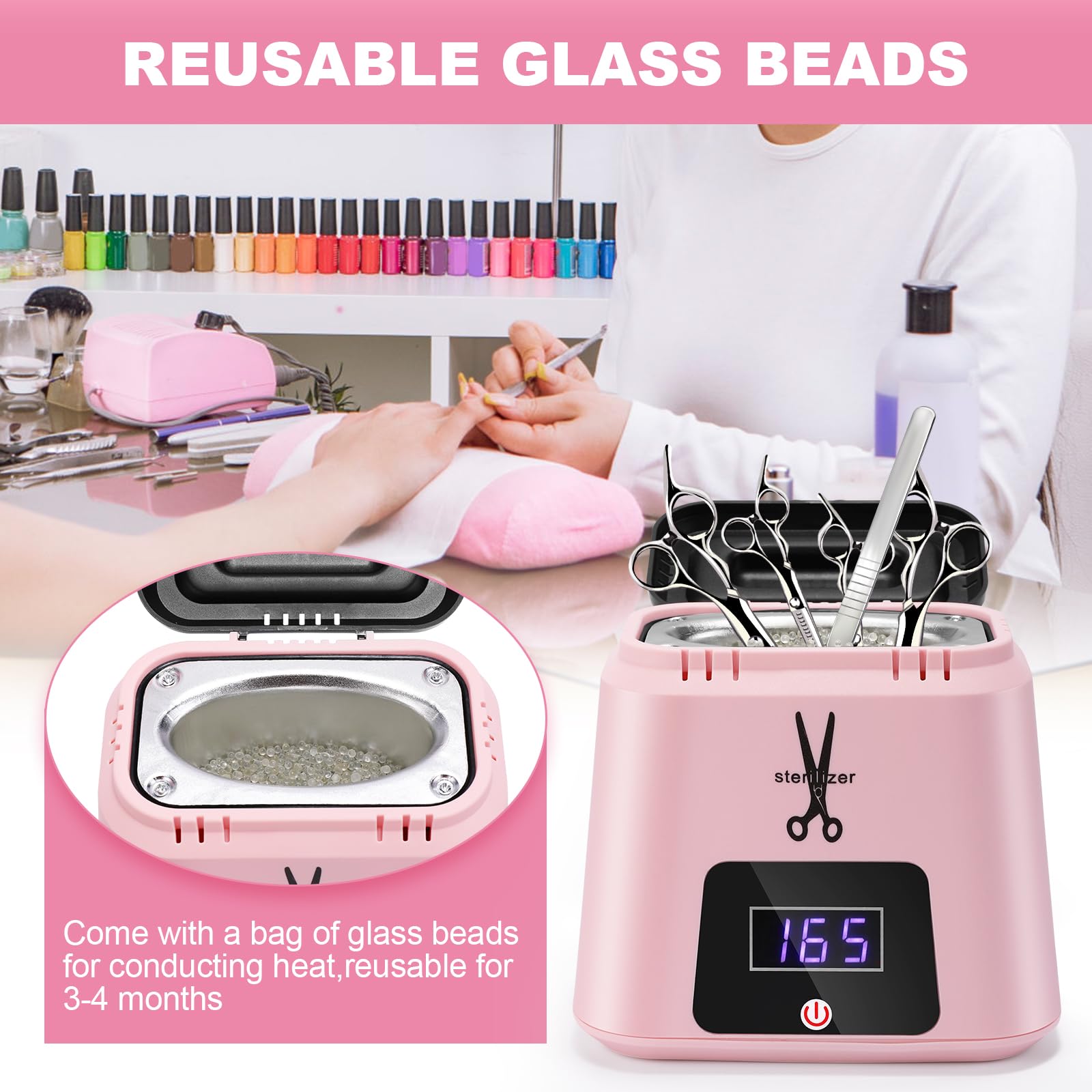 Portable Nail Tool Sterilizer with Glass Beads - High Temperature 329℉ for Metal Tools - Professional Salon & Esthetician Supplies - Perfect for Nail Salons, Home Manicures & Beauty Tool Sanitization