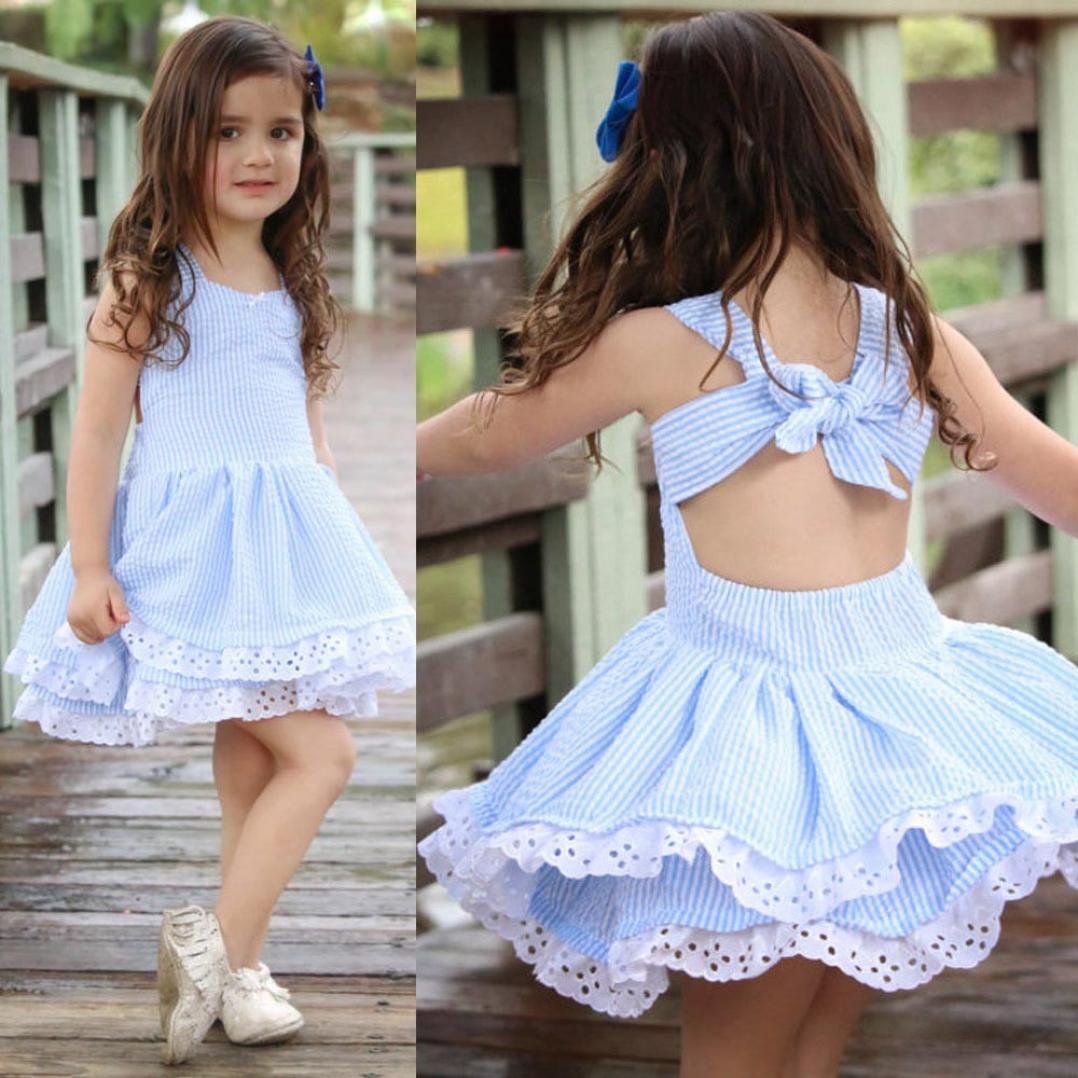 Aniywn Girls' Summer Blue Striped Lace Suspender Party Dress - Elegant Pageant Outfit for Special Occasions, Birthday Parties & Photo Shoots