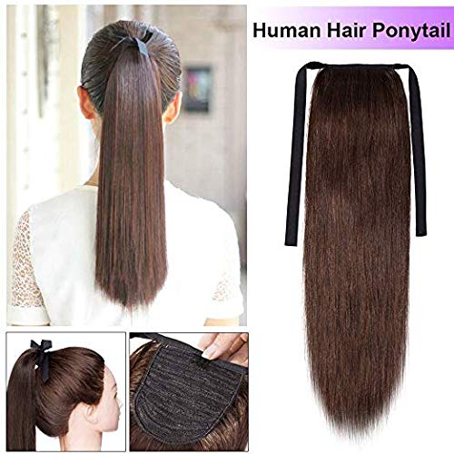 Maahal™ 20 Inch Long Straight Human Hair Ponytail Extensions for Women - Brown with Ribbon Binding & Comb Clip | Perfect for Parties, Weddings & Everyday Styling